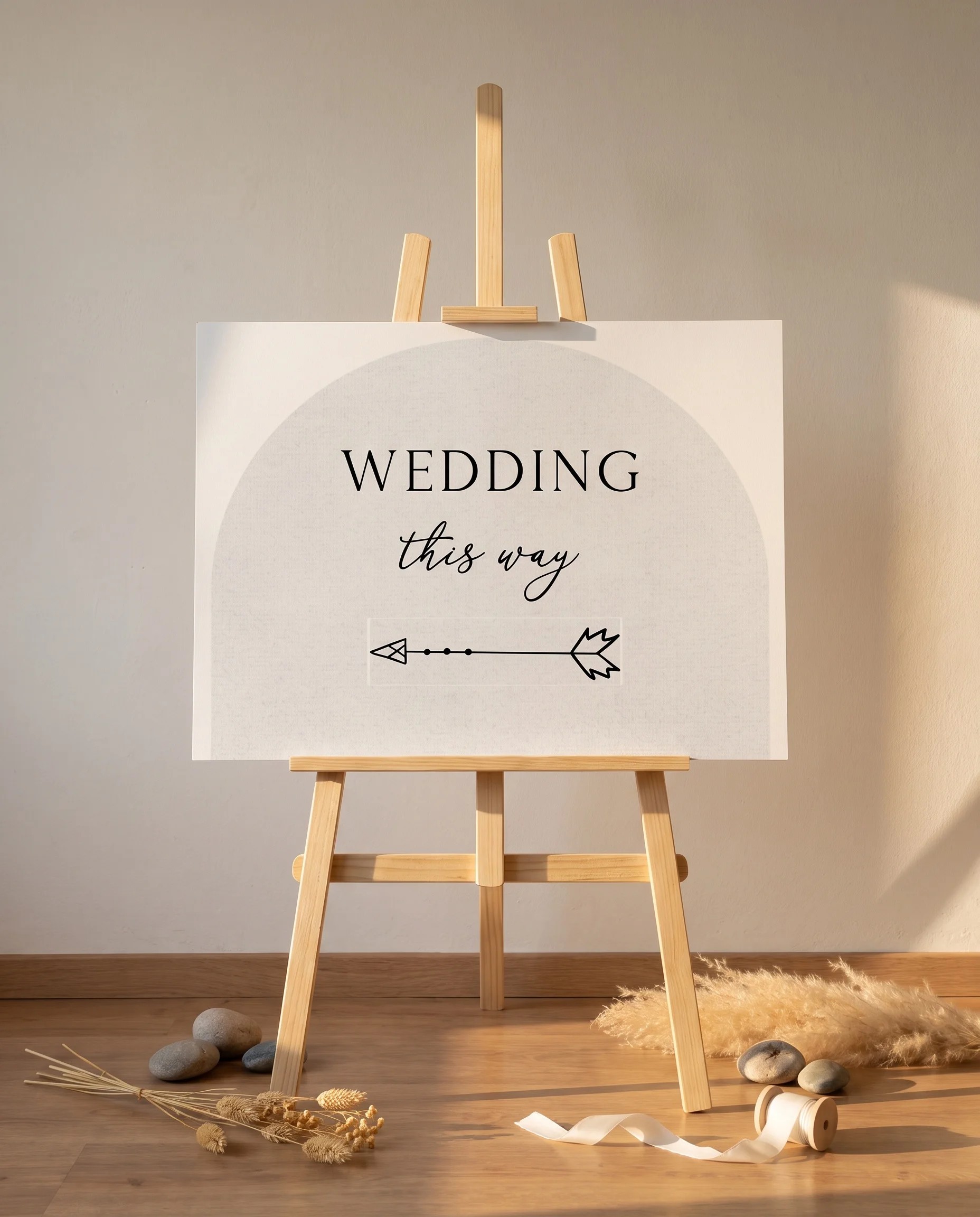 Halo Arch wedding directional sign — displayed on an easel under soft natural light with a slight overhead angle, wedding signs.