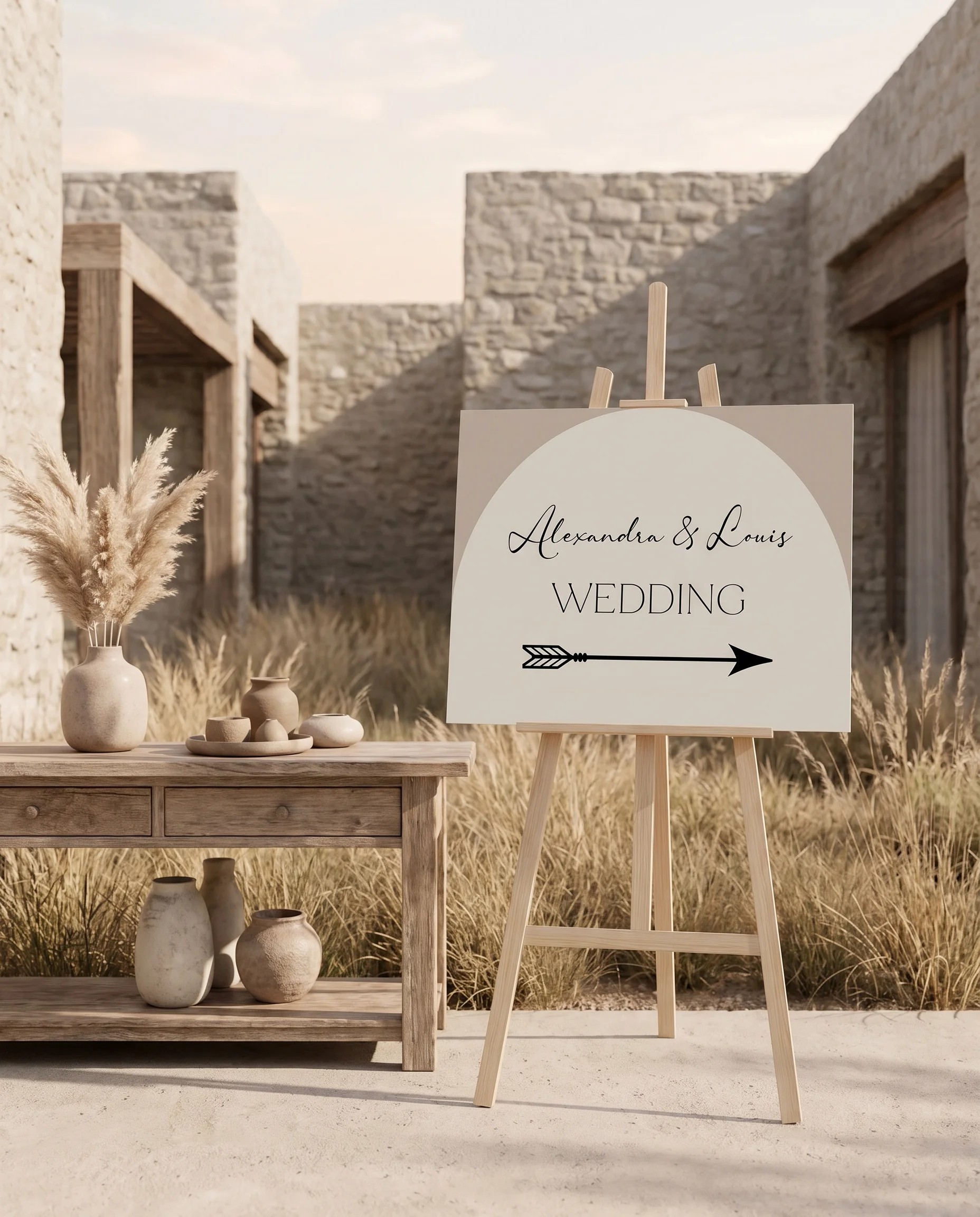 Tassel Arc wedding directional sign — shown beside furniture for scale under soft natural light, printable wedding signs.