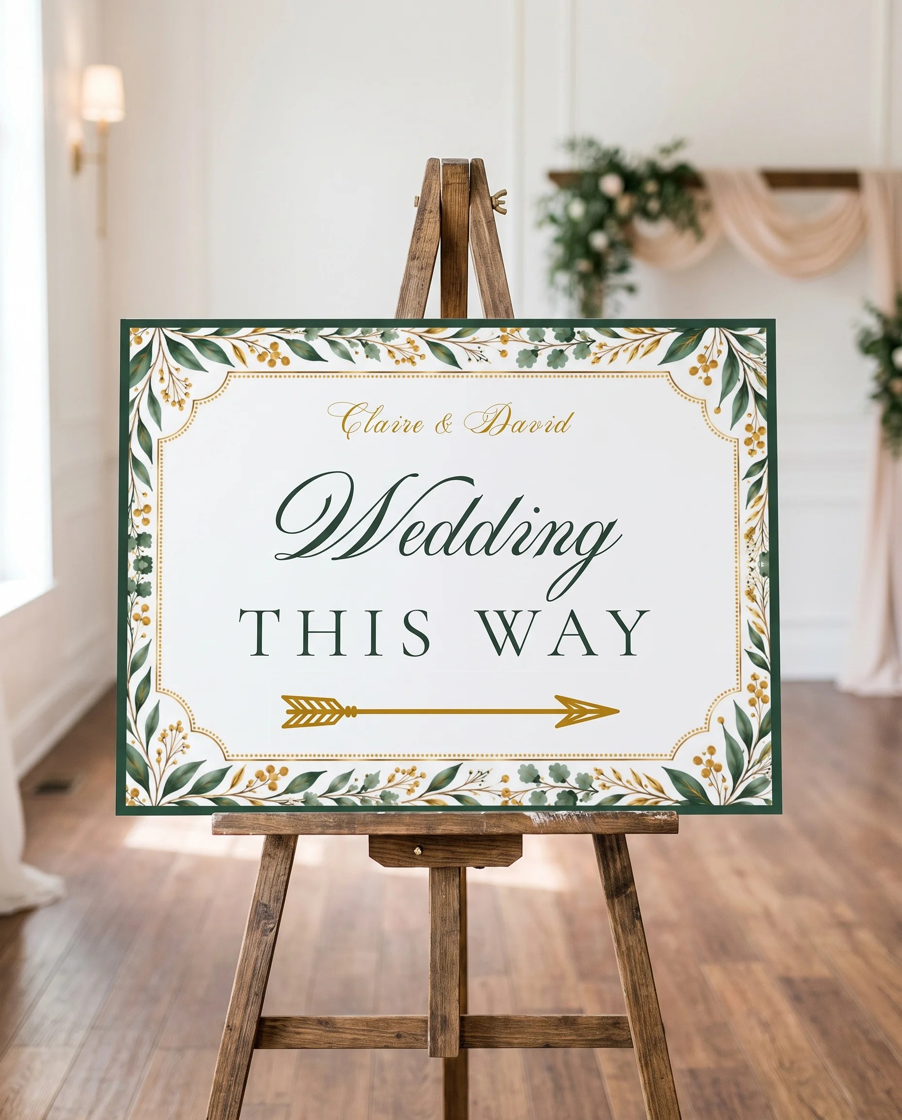 Gilded Foliage wedding directional sign — displayed on an easel under soft natural light at a slight overhead angle, wedding signs