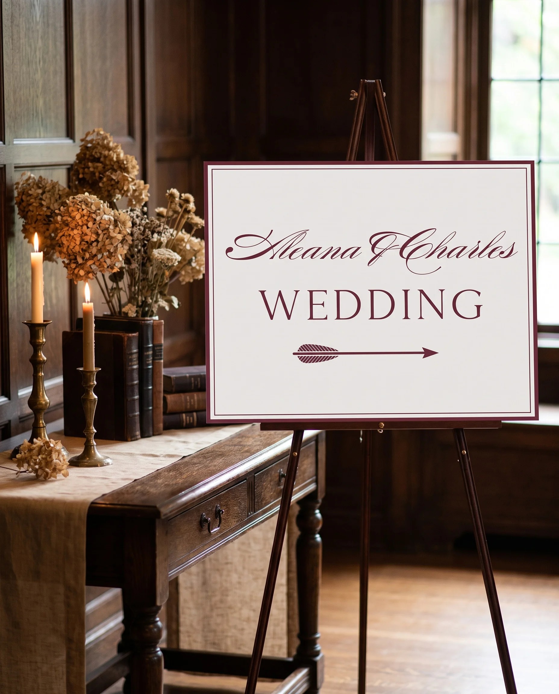 Claret Filigree wedding directional sign — shown beside furniture for scale under soft natural light, printable wedding signs.