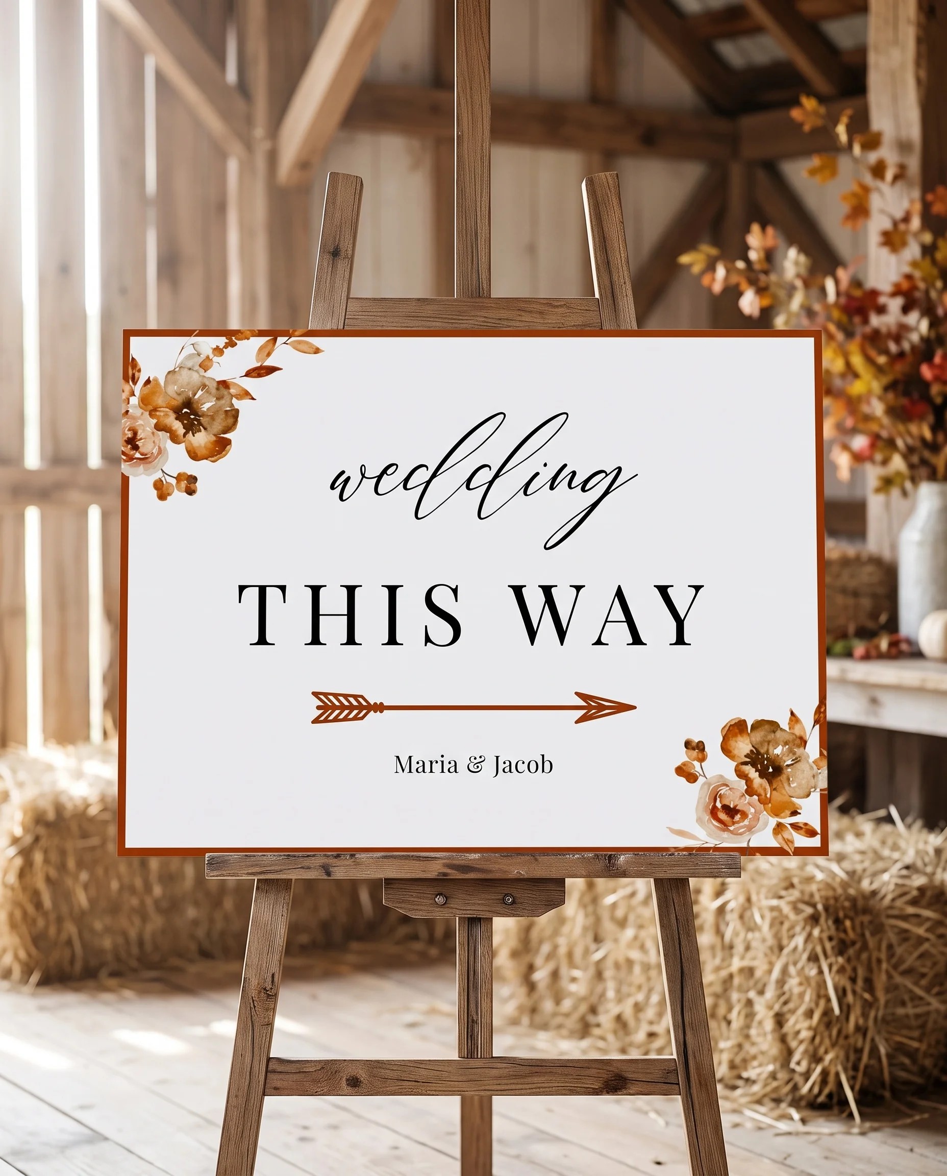 Autumn Bramble wedding directional sign — displayed on an easel under soft natural light at a slight overhead angle, wedding signs