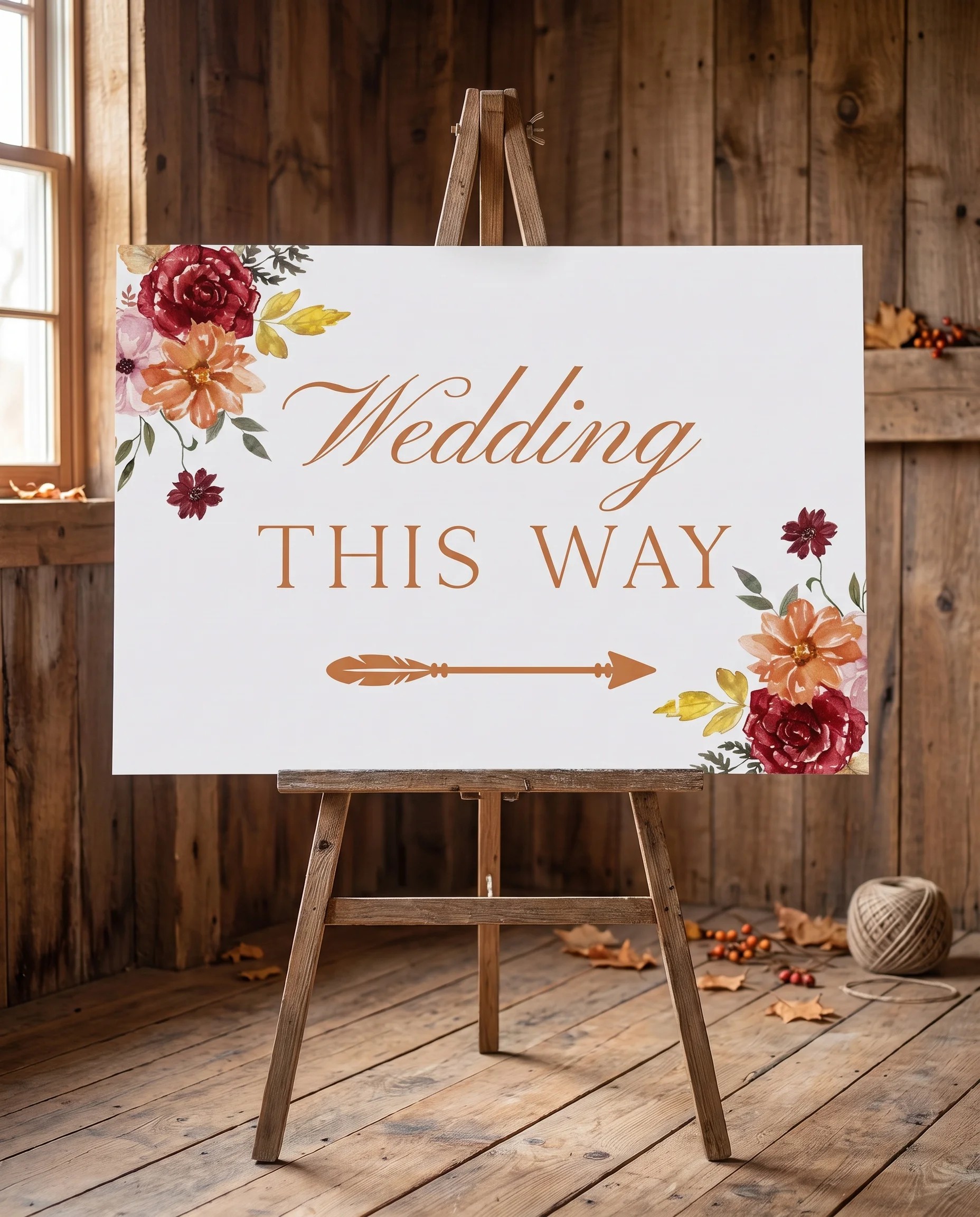 Ember Bloom wedding directional sign — displayed on an easel under soft natural light at a slight overhead angle, wedding signs.