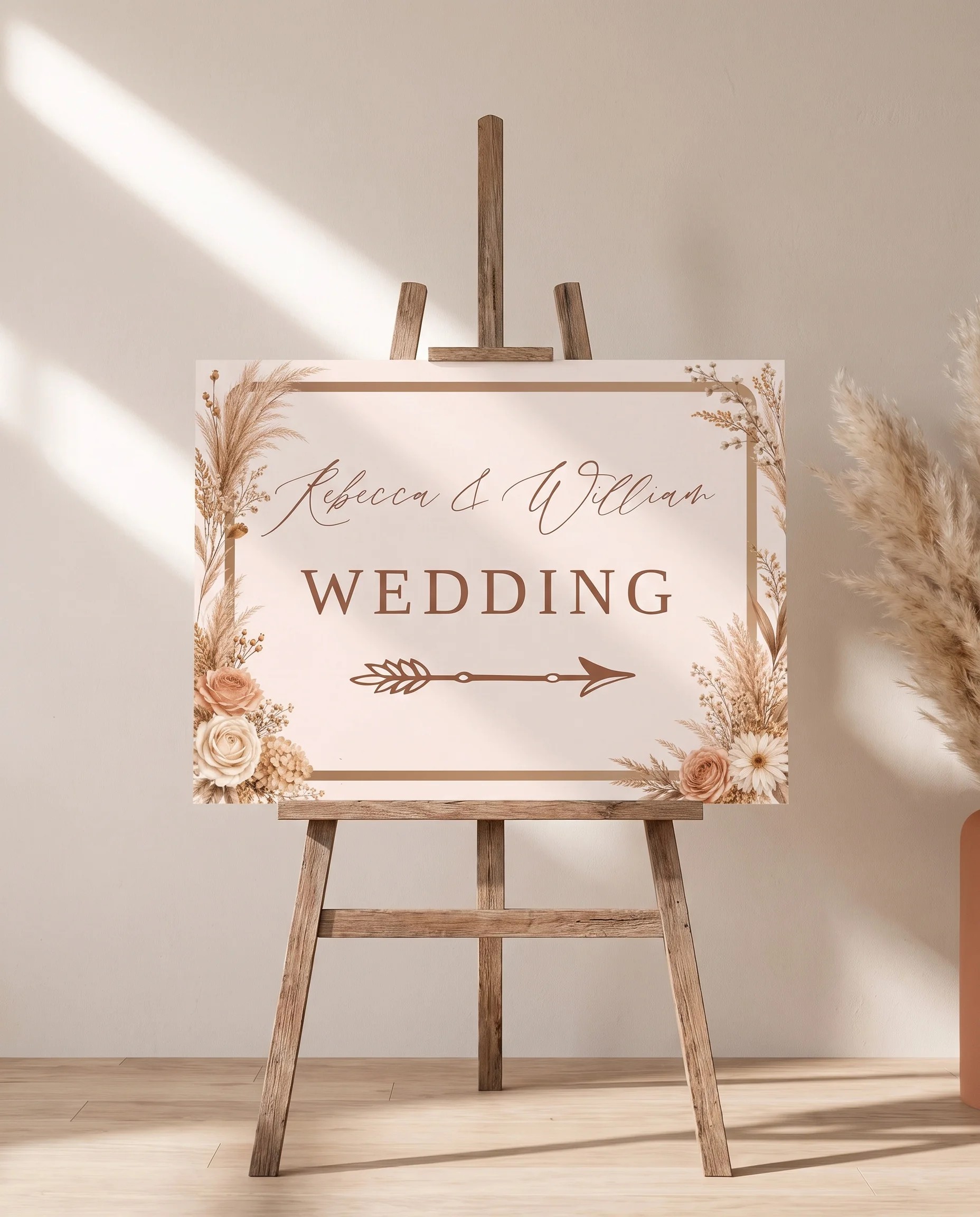Pampas Hush wedding directional sign — displayed on an easel under soft natural light with a slight overhead angle, wedding signs