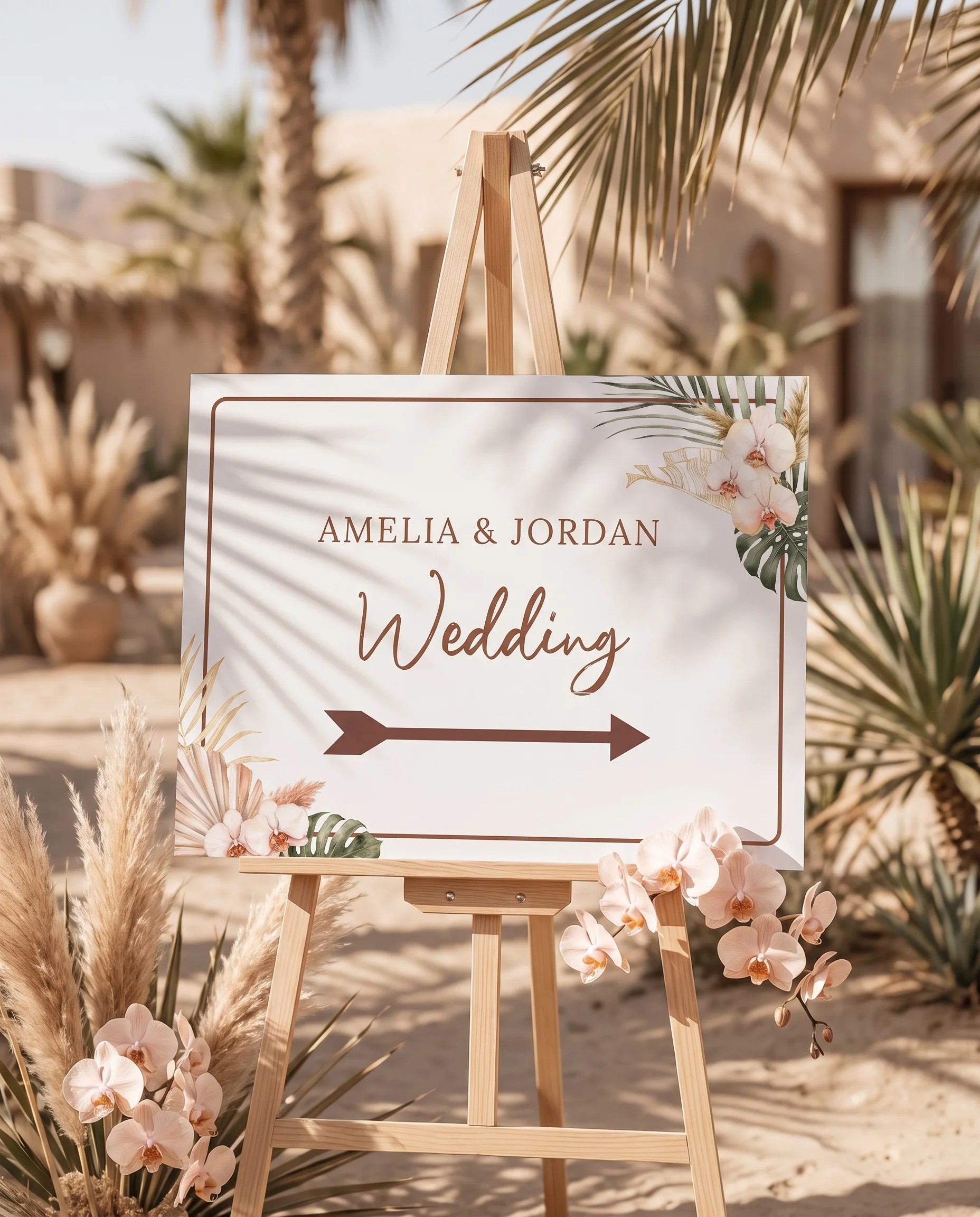 Palm Orchid wedding directional sign — displayed in a wedding venue setting under soft natural light, premium wedding signage.