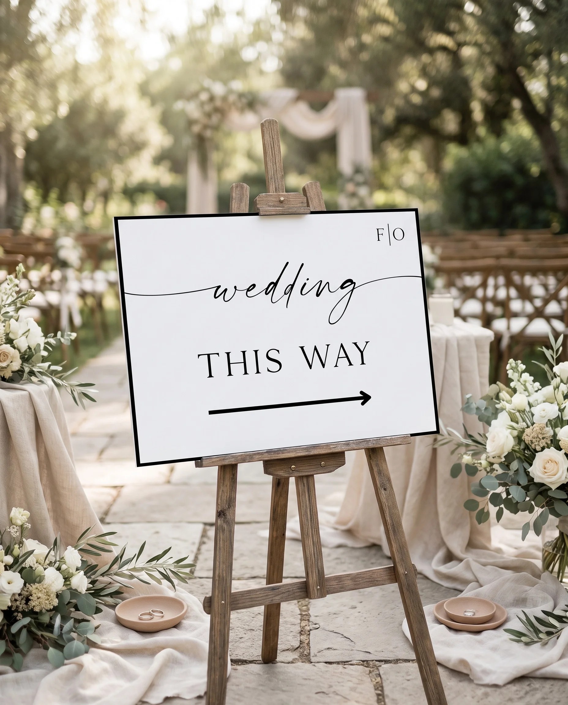 Lumen Frame wedding directional sign — shown in a venue setting on premium editorial paper under soft natural light, wedding signage.