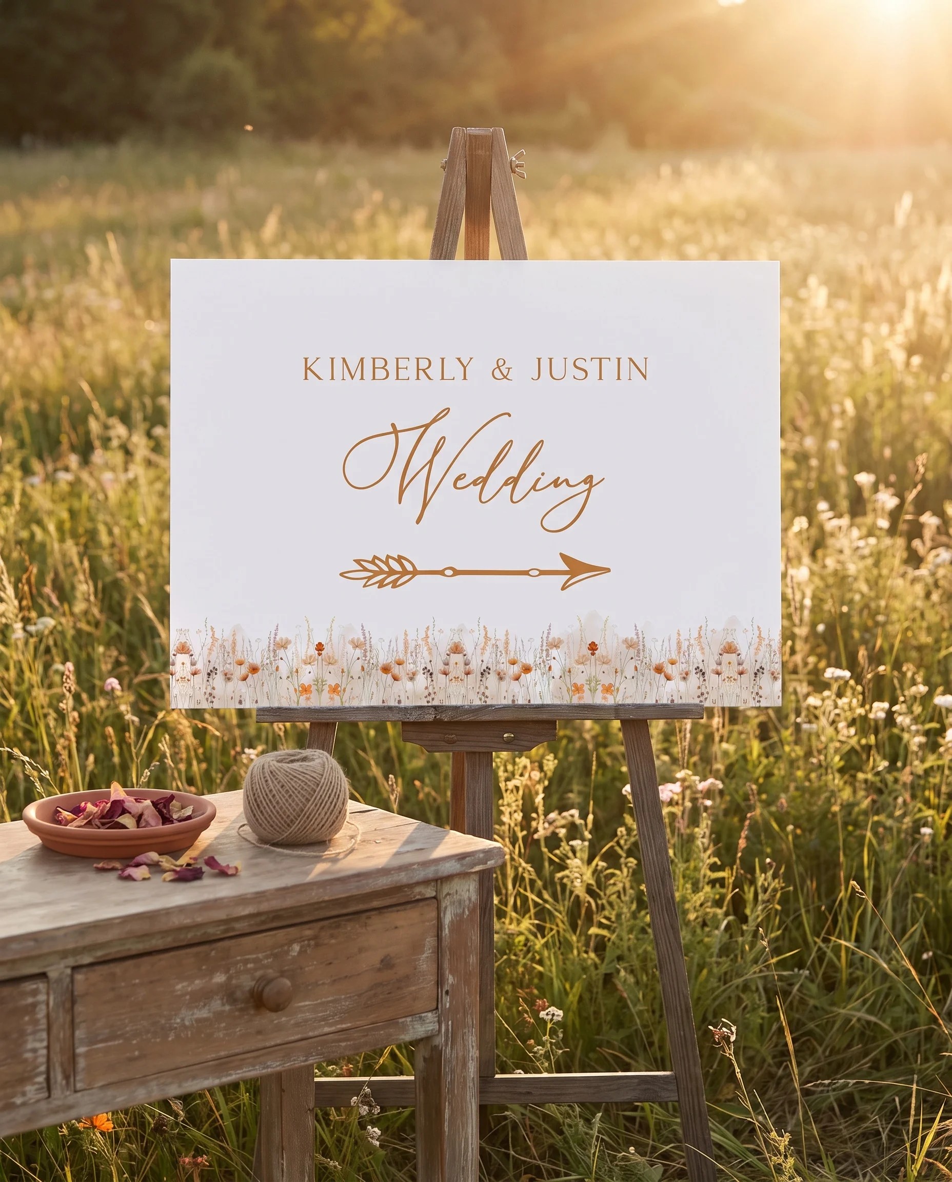Amber Meadow wedding directional sign — shown beside furniture for scale under soft natural light, printable wedding signs.