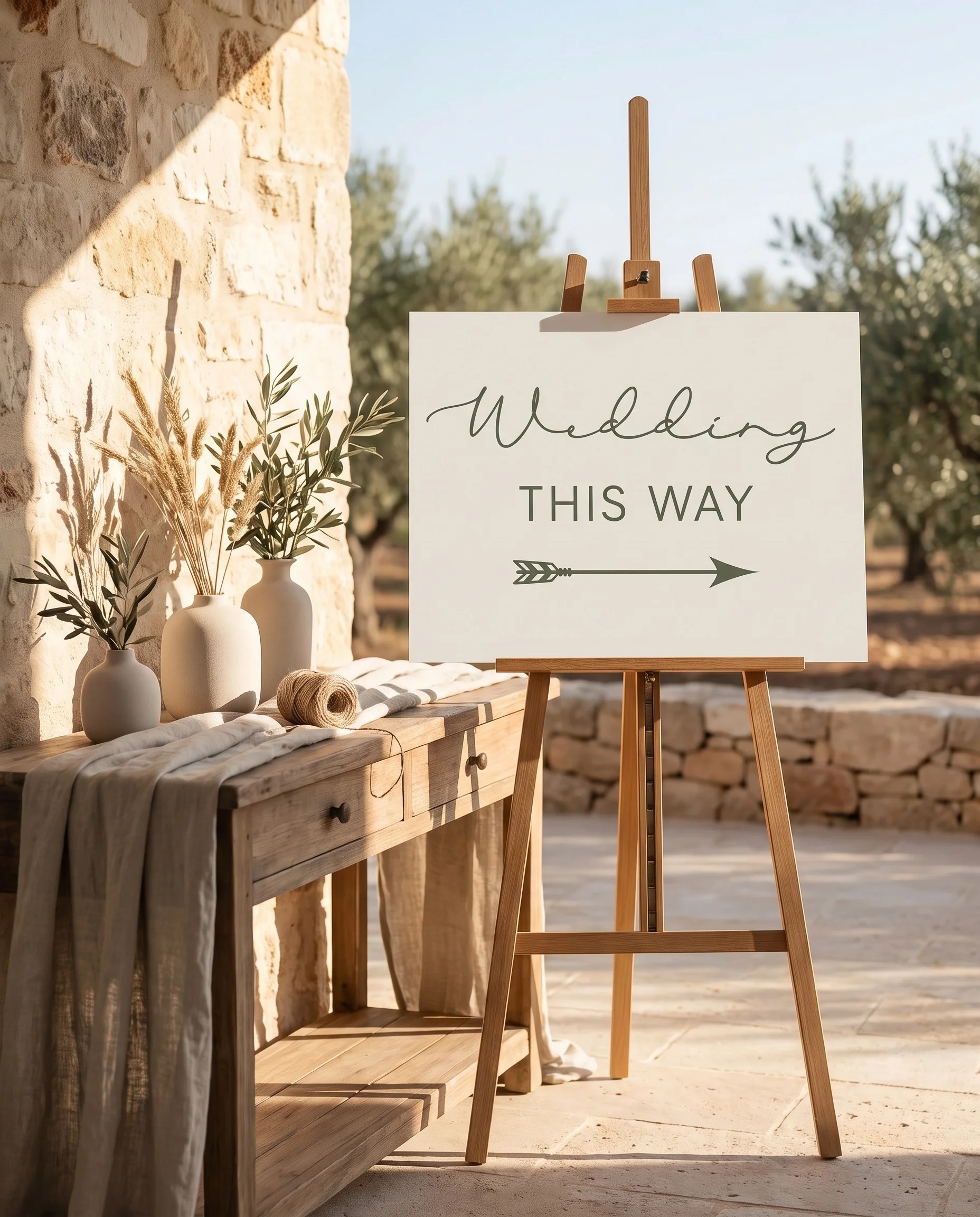 Manor Etching wedding directional sign — shown beside furniture for scale under soft natural light, printable wedding signs