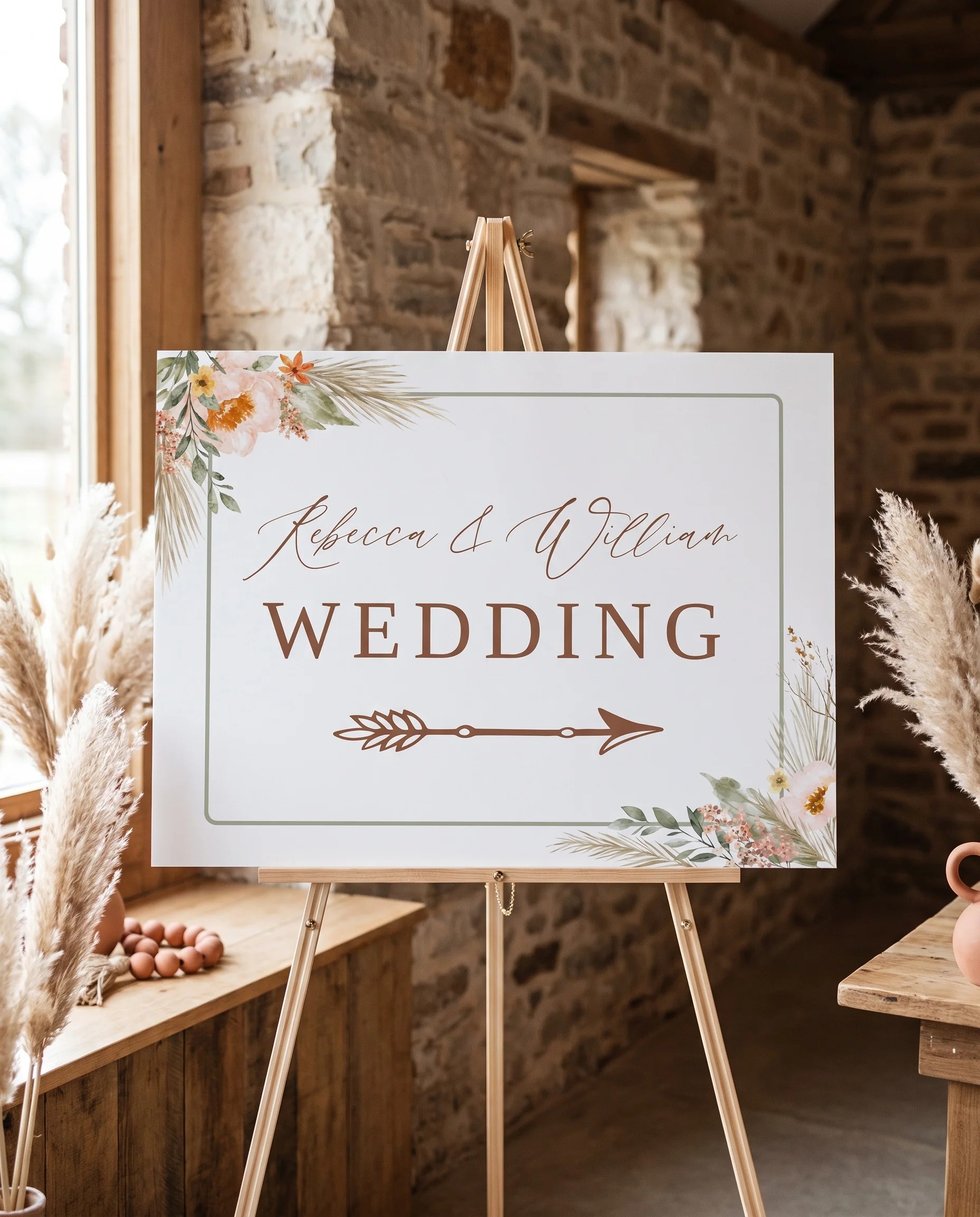Prairie Fern wedding directional sign — displayed on an easel under soft natural light at a slight overhead angle, wedding signs