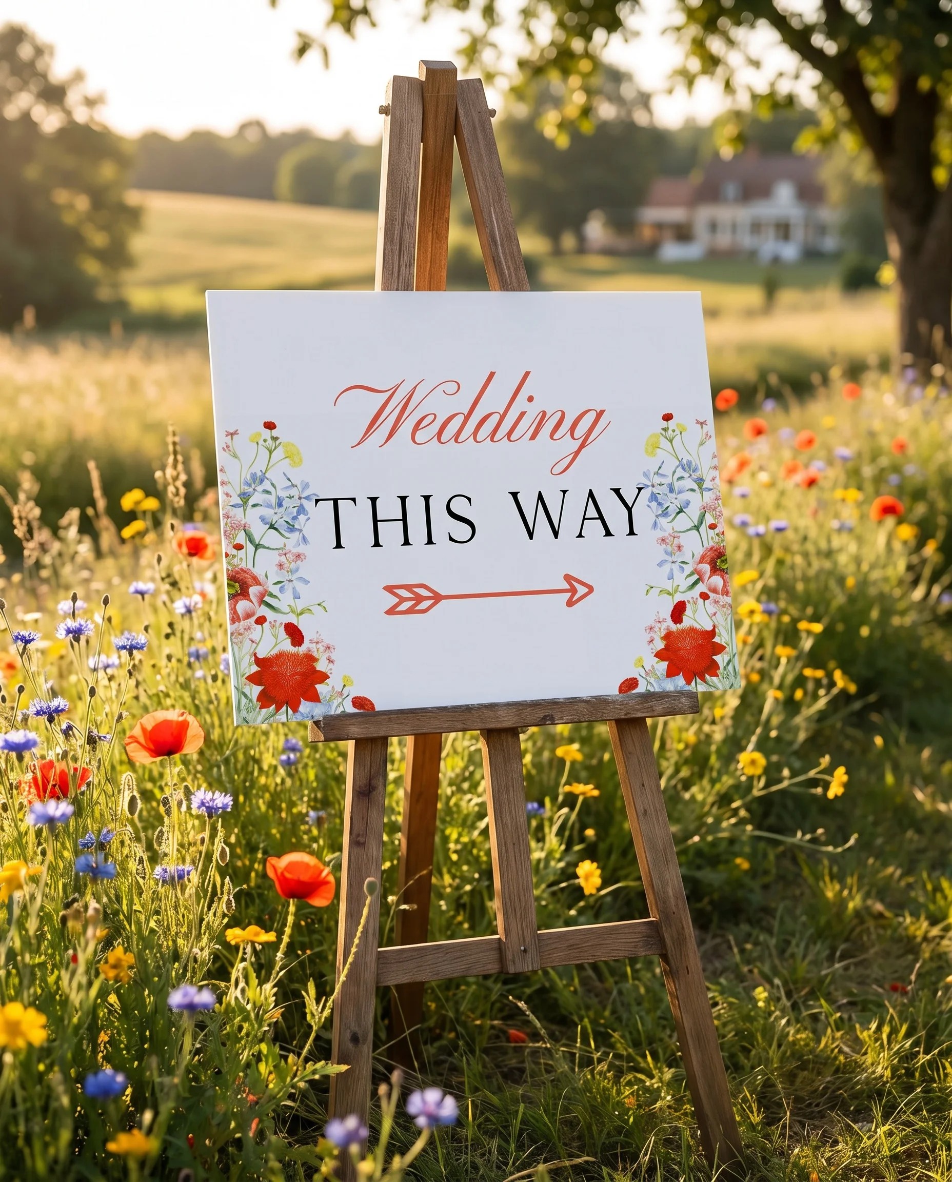 Poppy Meridian wedding directional sign — displayed in a wedding venue setting under soft natural overhead light, wedding signage.