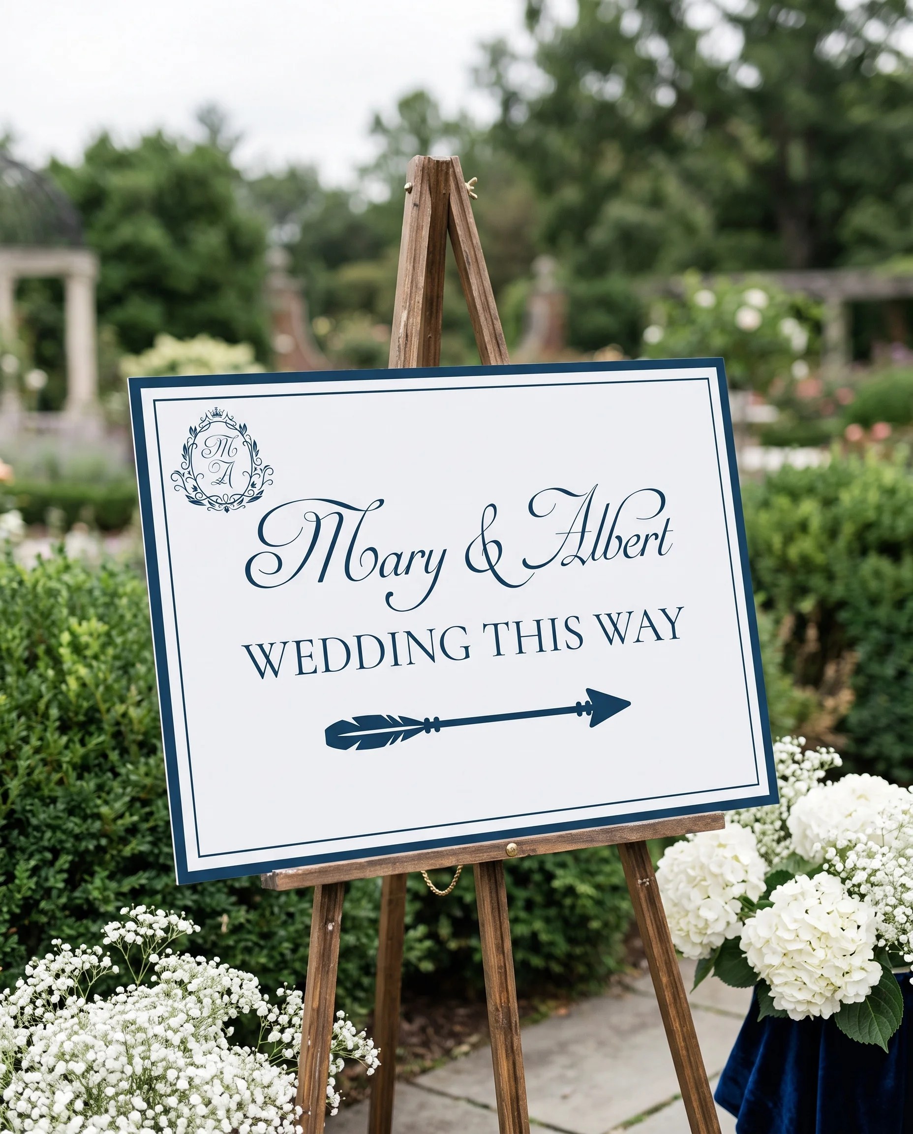 Windsor Crown wedding directional sign — displayed in a wedding venue setting under soft natural light with a slight overhead angle, wedding signage