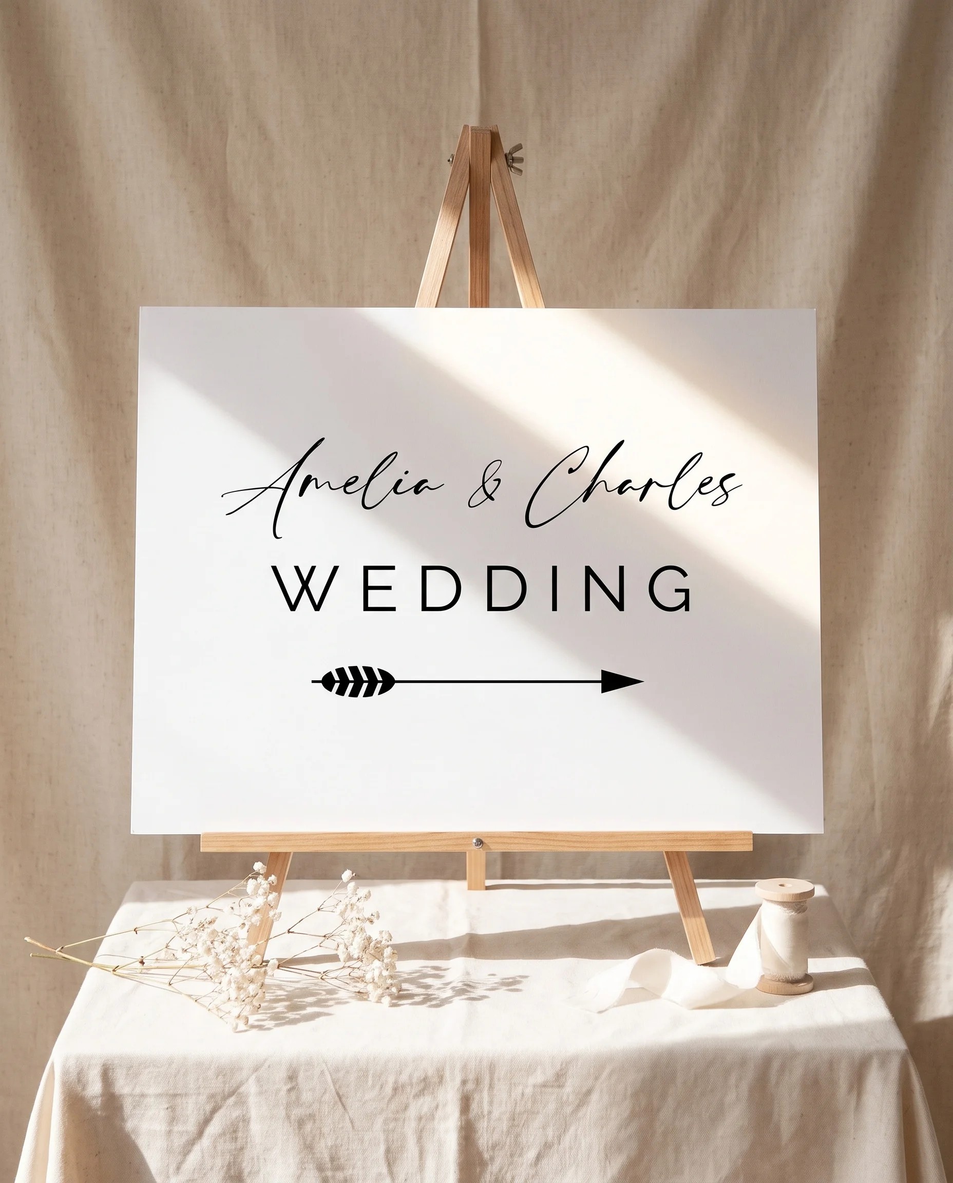 Cathedral wedding directional sign — displayed on an easel under soft natural light with a slight overhead angle, wedding signs
