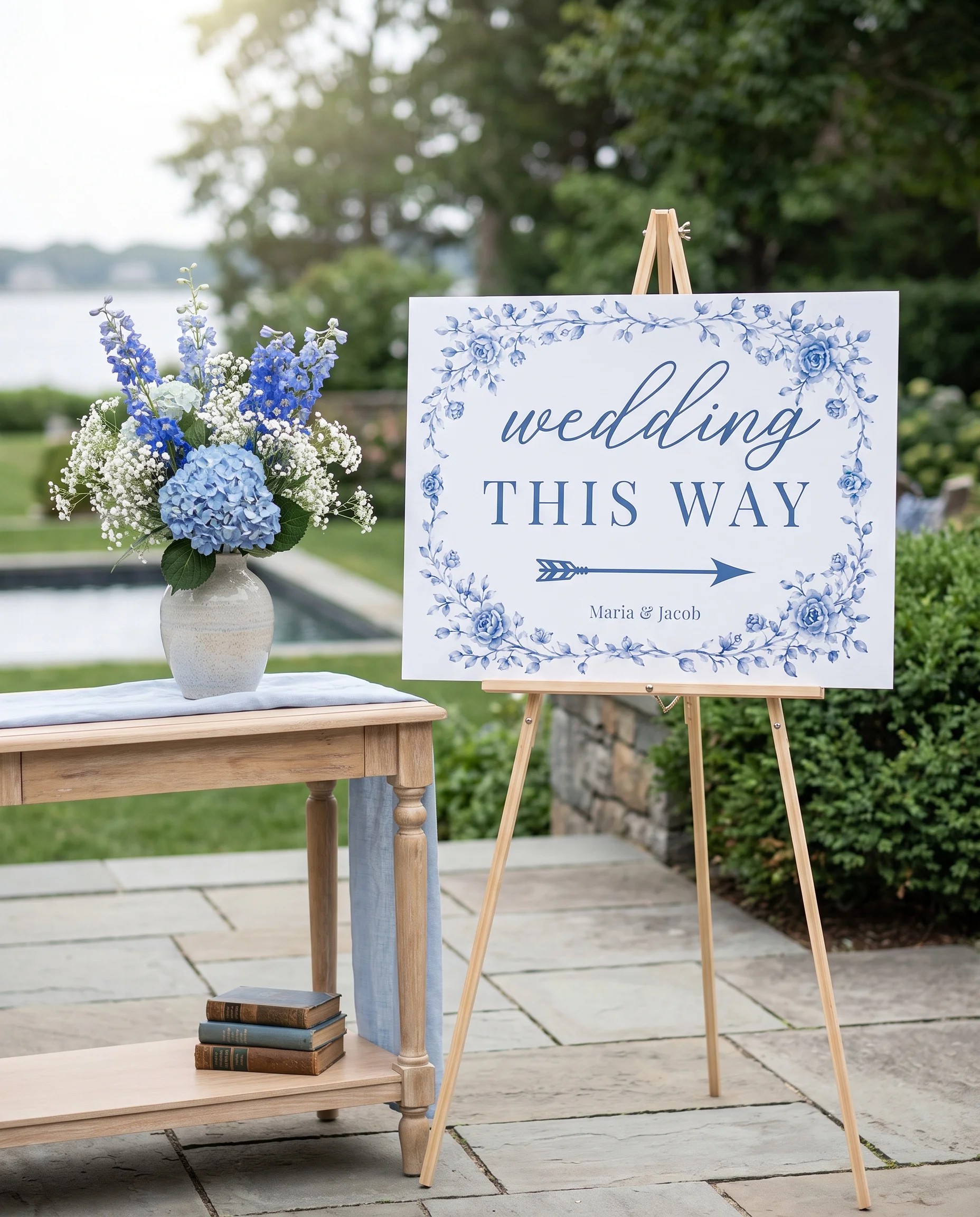 Blue Heron wedding directional sign — shown beside furniture for scale under soft natural light, printable wedding signs.