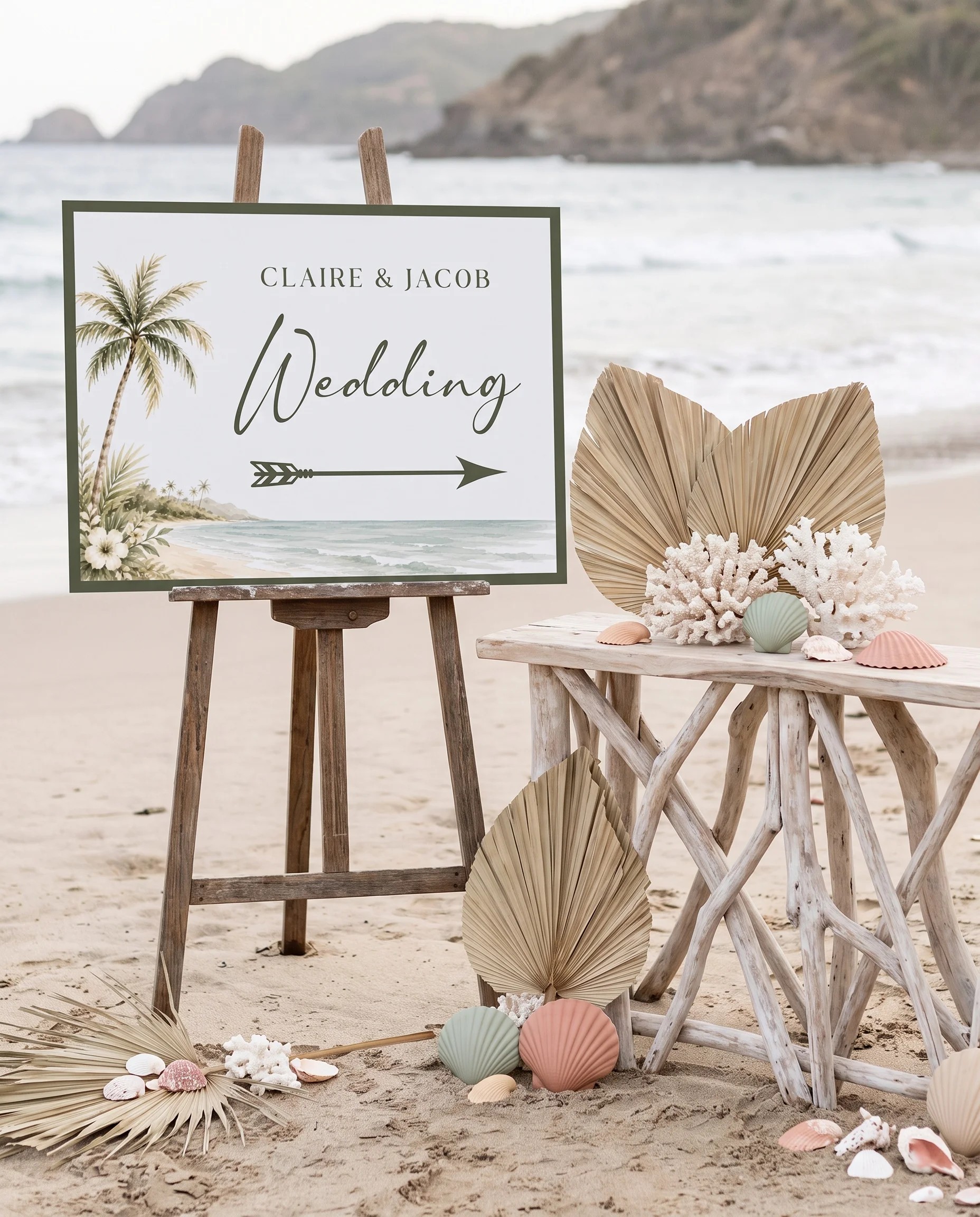 Palmetto Shore wedding directional sign — displayed beside furniture for scale, captured under soft natural light, printable wedding signs.