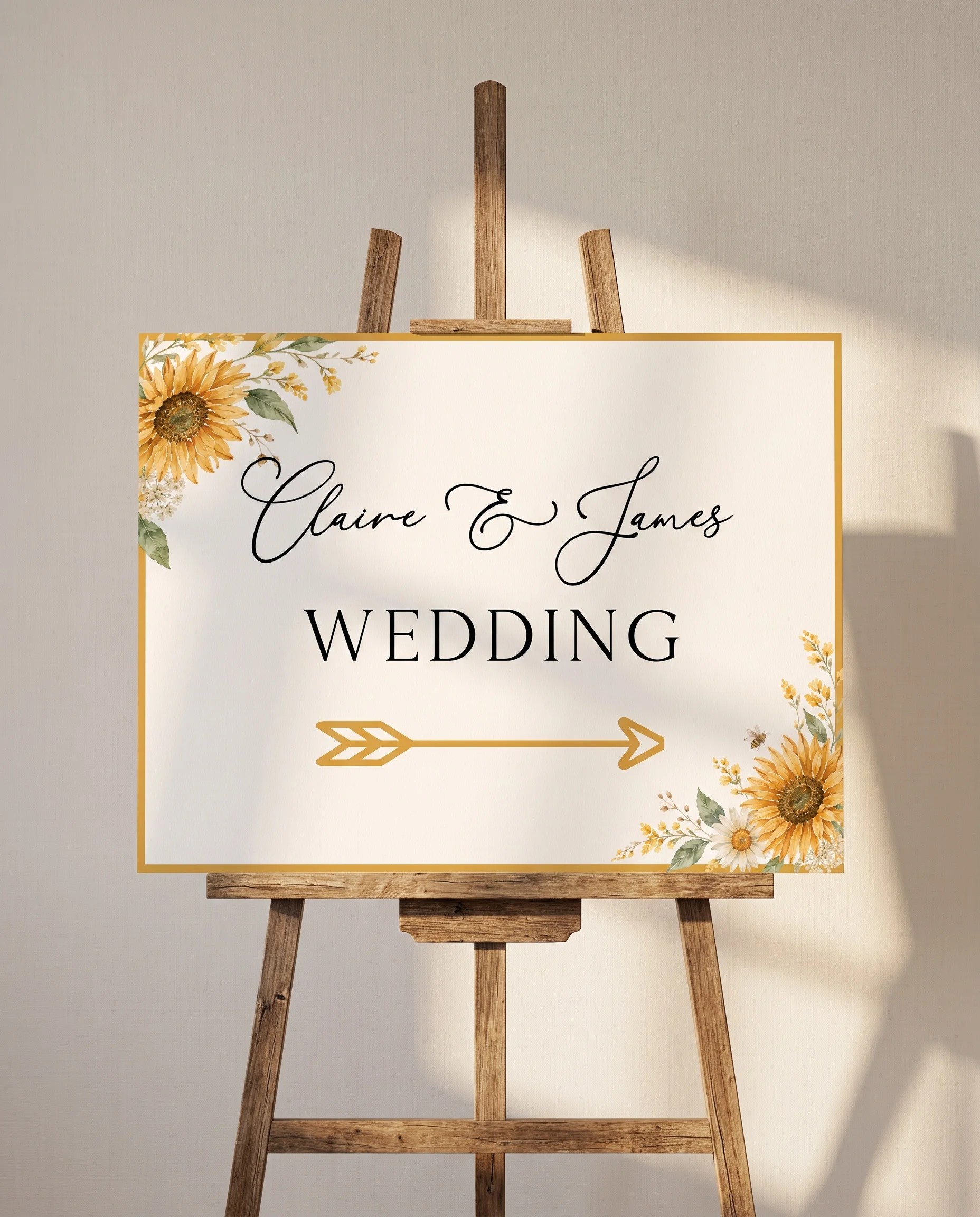 Honeyfield wedding directional sign — displayed on an easel under soft natural light at a slight overhead angle, wedding signs