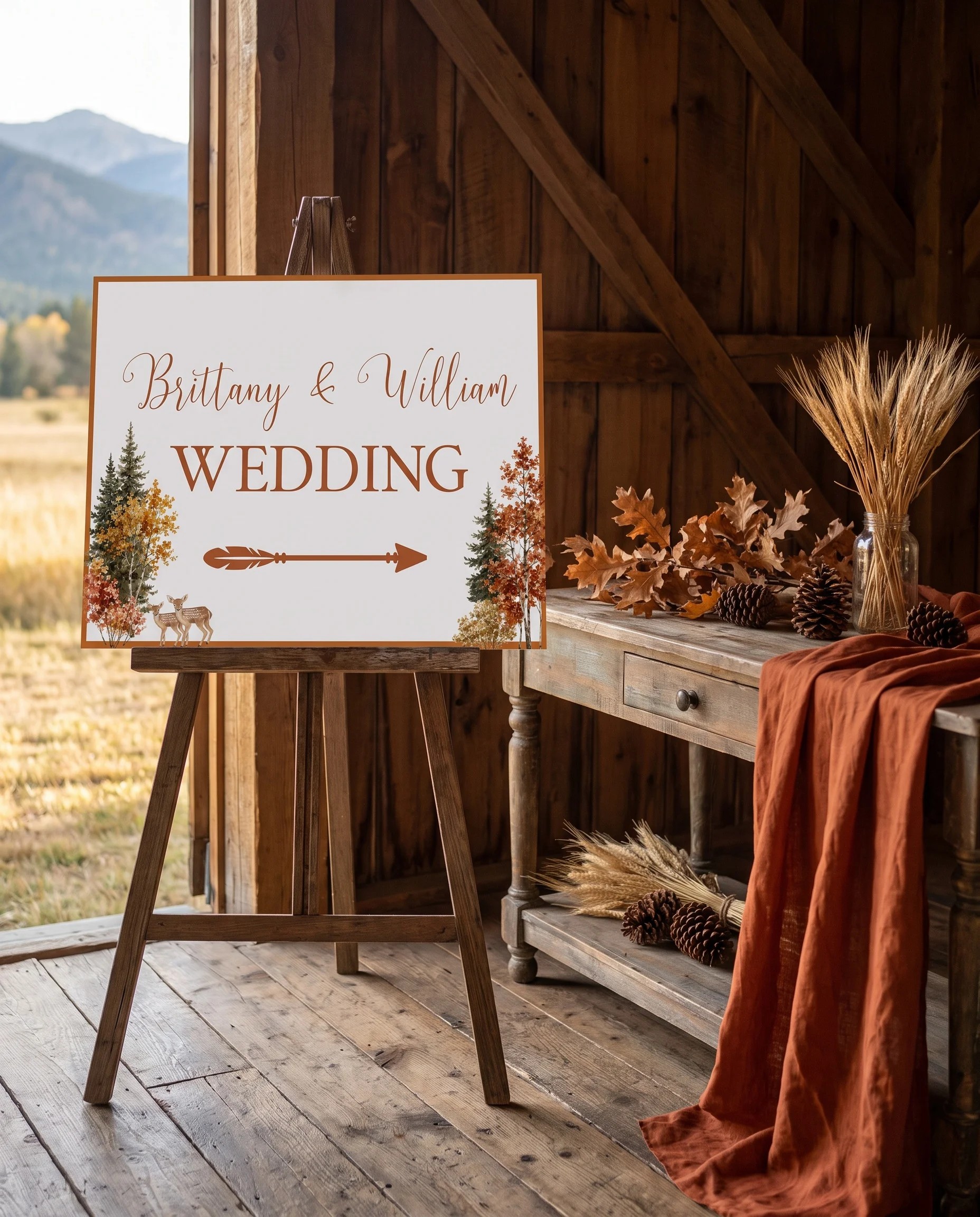 Autumn Vale wedding directional sign — shown beside furniture for scale on premium editorial paper under soft natural light, printable wedding signs.