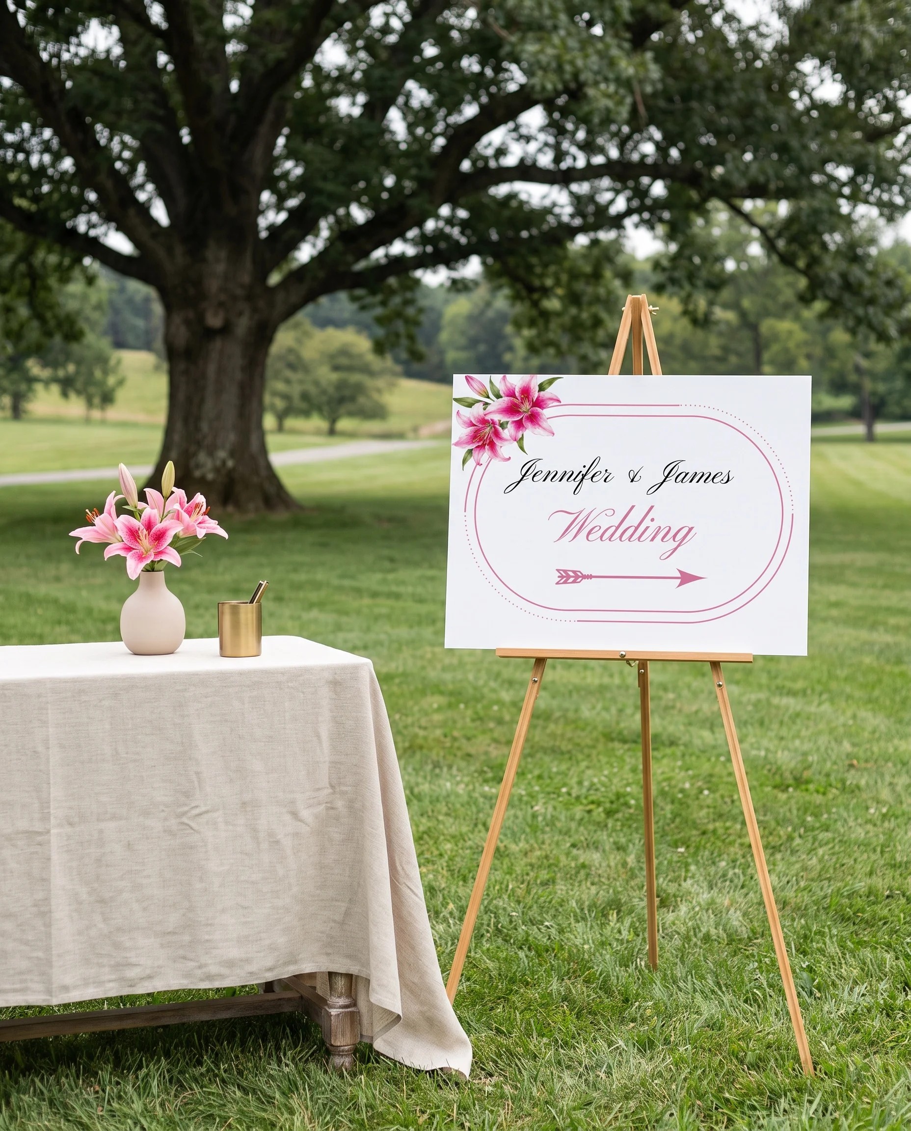 Lily Bloom wedding directional sign — shown on premium editorial paper under soft natural light at a slight overhead angle, printable wedding signs.
