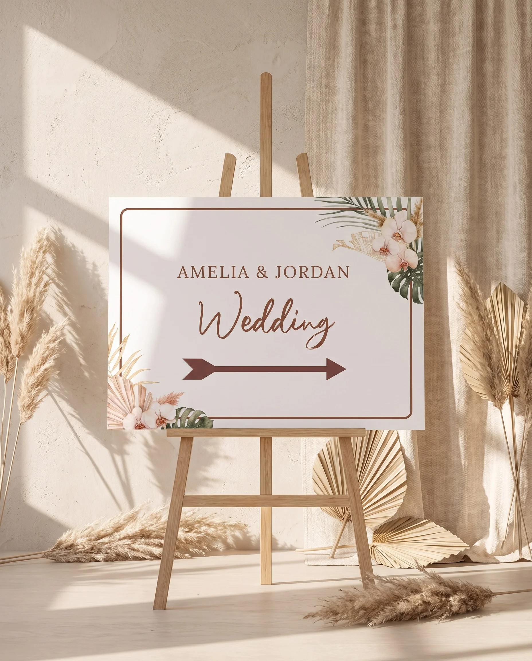 Palm Orchid wedding directional sign — displayed on an easel under soft natural light with a slight overhead angle, wedding signs