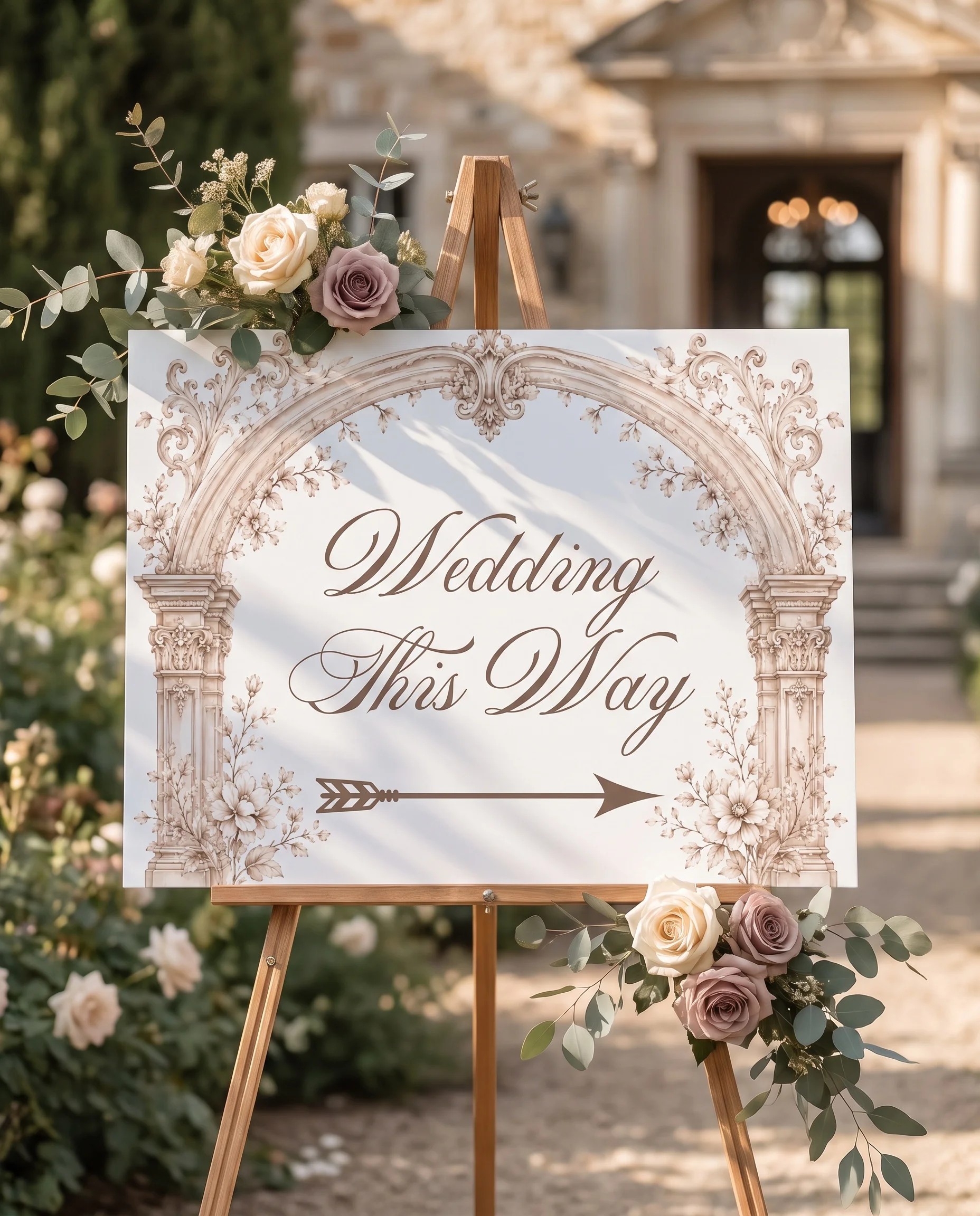 Hinge Script wedding directional sign — shown at a slight overhead angle in a venue setting with soft natural light, wedding signage.