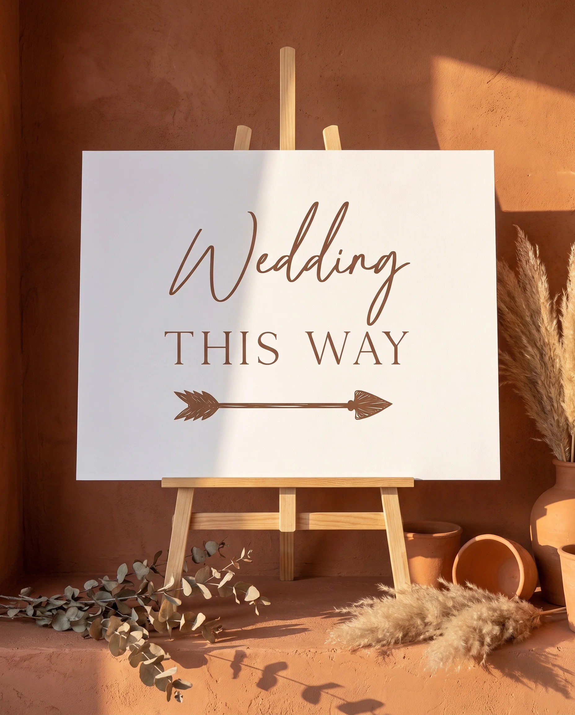 Briar Script wedding directional sign — displayed on an easel under soft natural light with a slight overhead angle, wedding signs