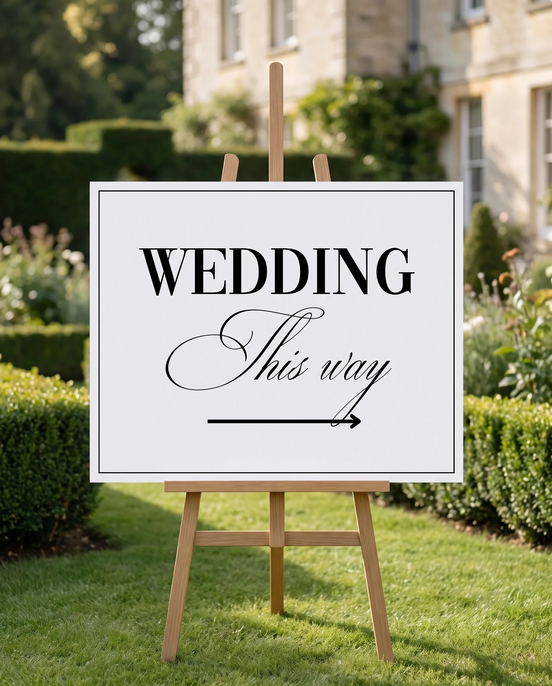 Crestline wedding directional sign — displayed on an easel under soft natural light at a slight overhead angle, wedding signs