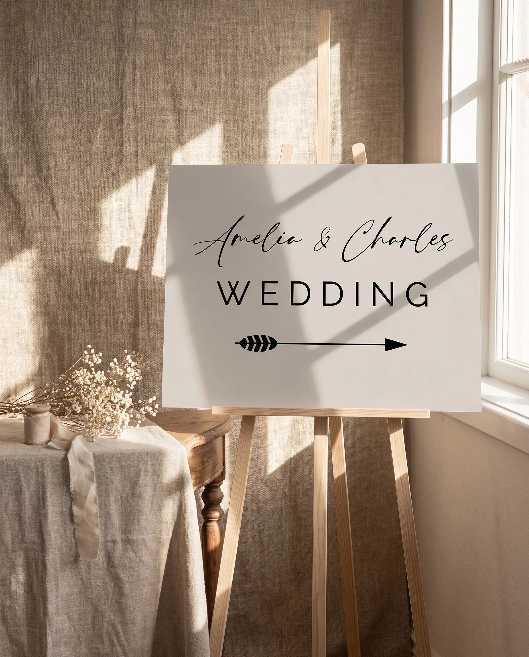 Cathedral wedding directional sign — shown beside furniture for scale on premium editorial paper in soft natural light, printable wedding signs