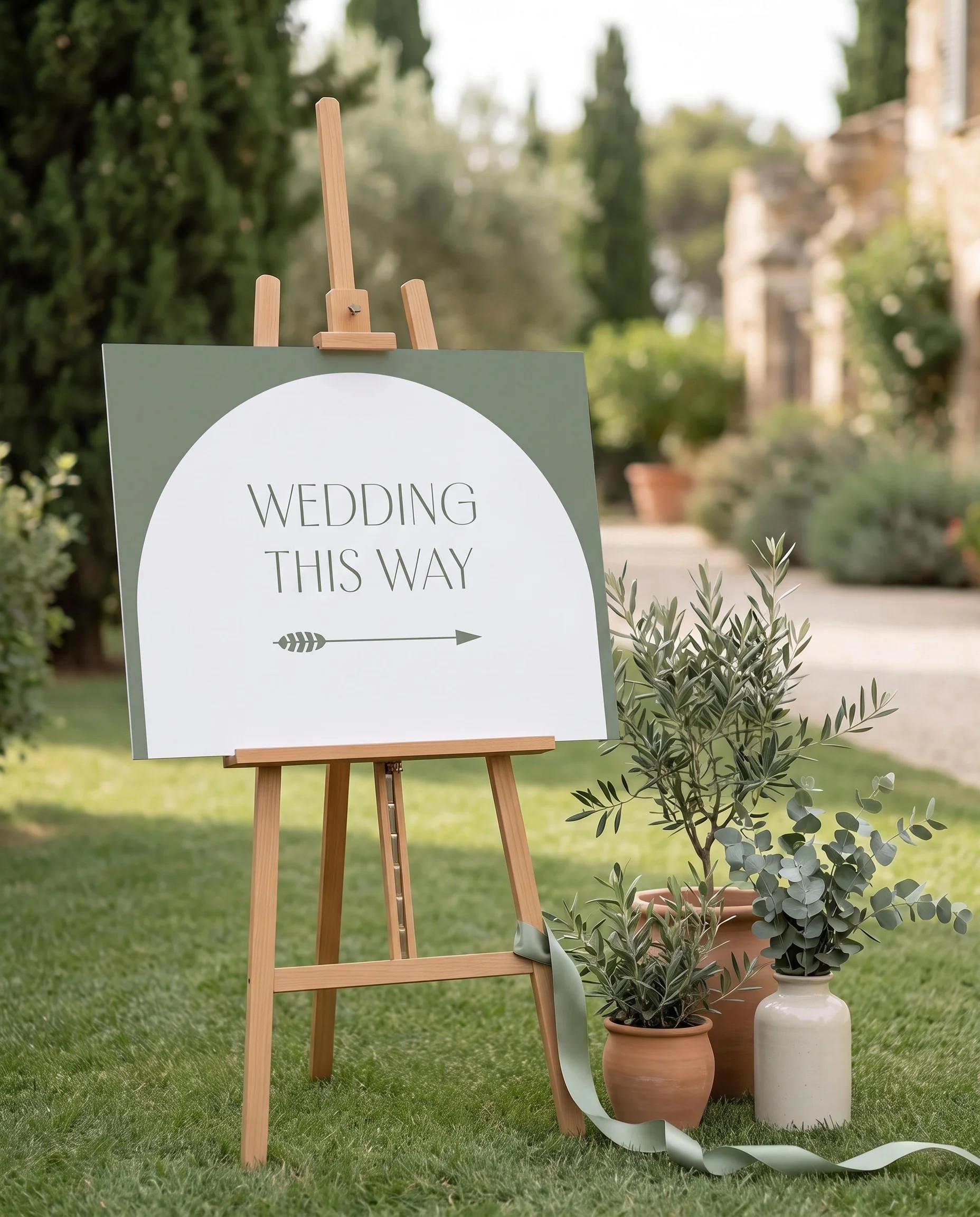 Arc Vale wedding directional sign — displayed in a wedding venue setting under soft natural light, wedding signage.