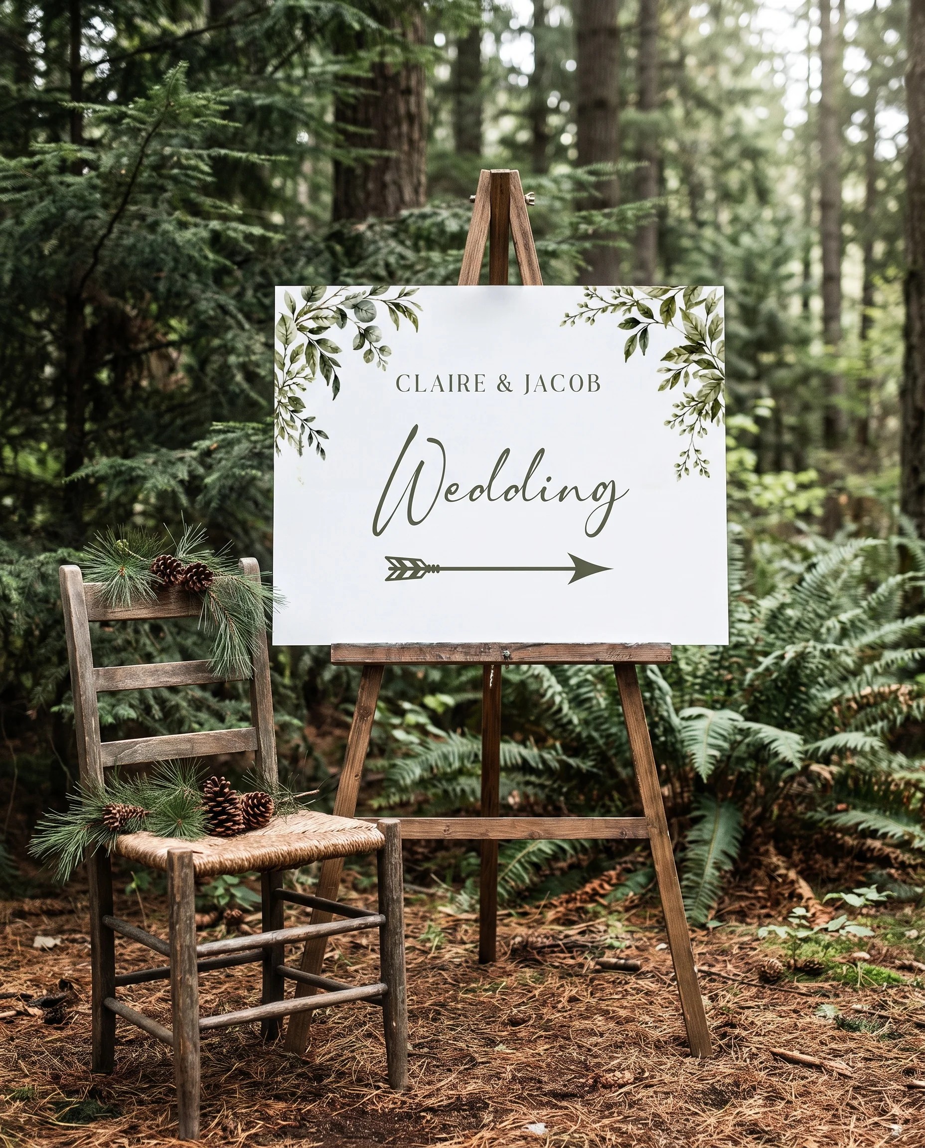 Canopy Grove wedding directional sign — shown beside furniture for scale under soft natural light, printable wedding signs.