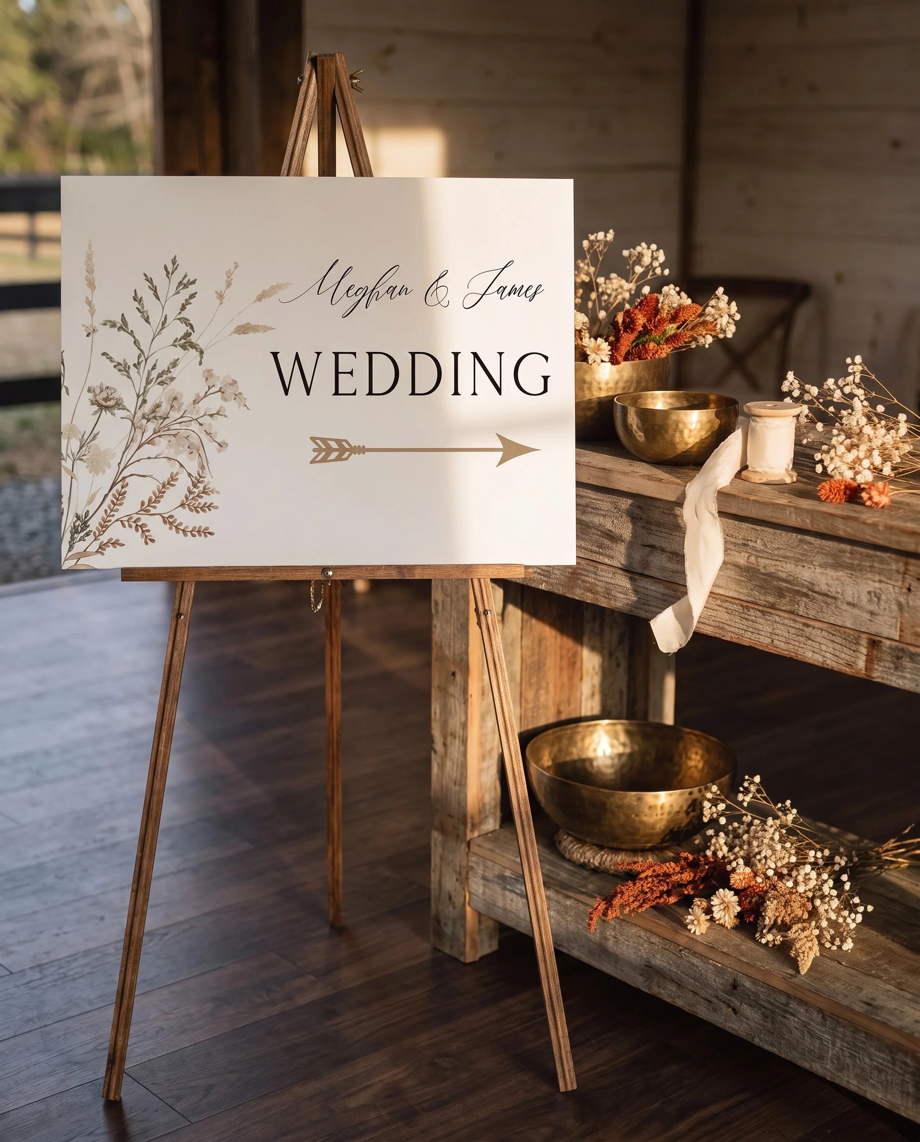 Bramble Court wedding directional sign — shown beside furniture for scale on premium editorial paper in soft natural light, printable wedding signs.