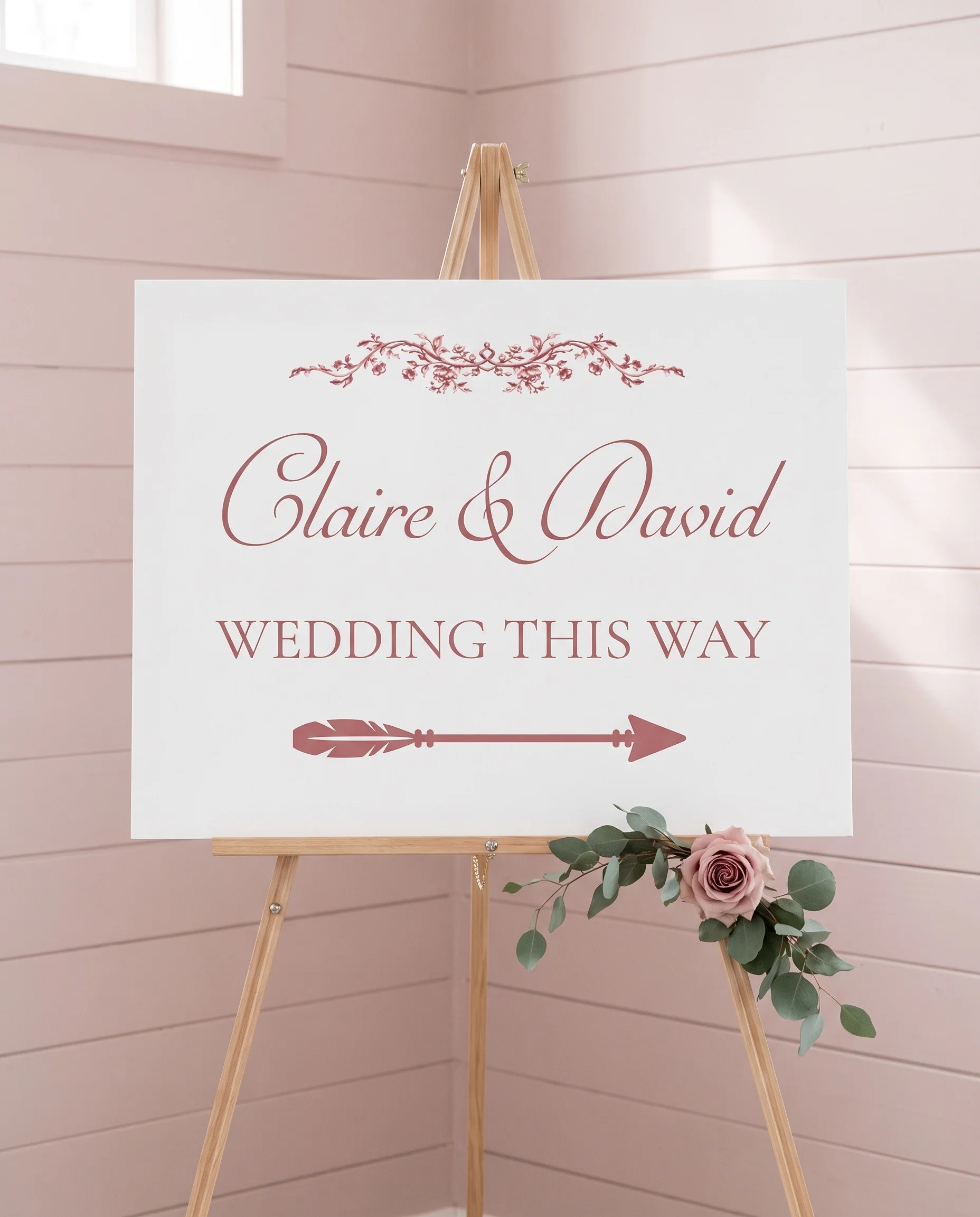 Rosewood Trellis wedding directional sign — displayed on an easel under soft natural light with a slight overhead angle, wedding signs.