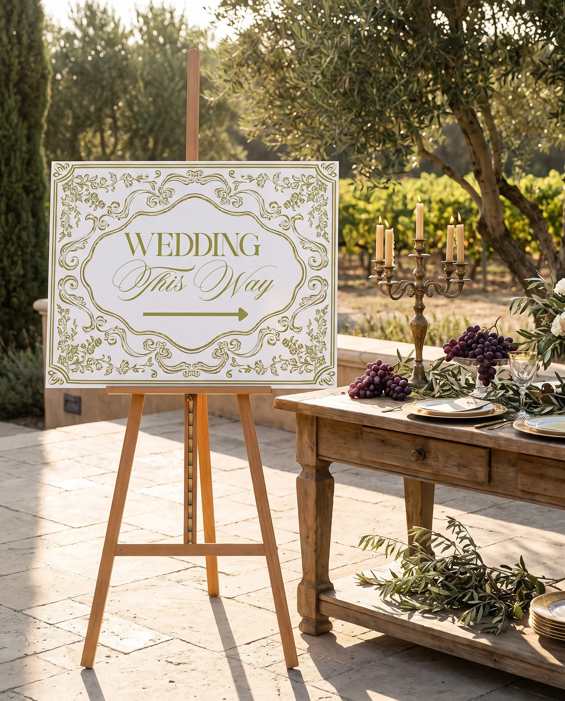 Olive Baroque wedding directional sign — shown beside furniture for scale under soft natural light with slight overhead angle, printable wedding signs.