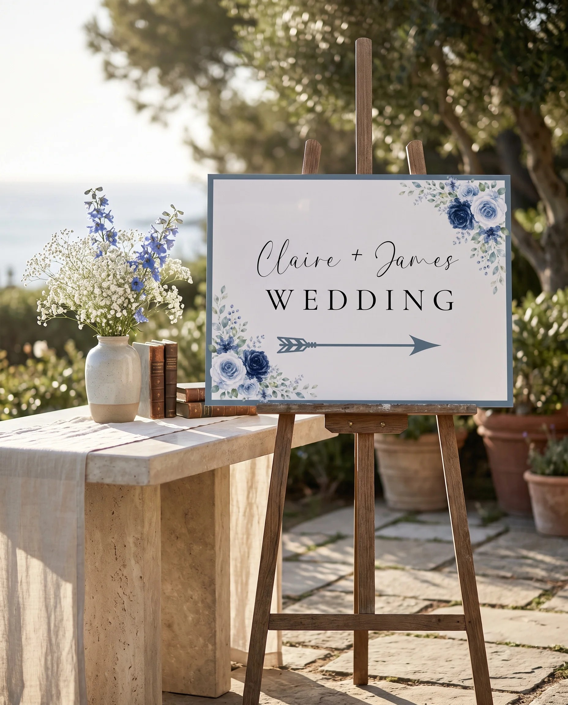 Bluebloom wedding directional sign — shown beside furniture for scale under soft natural light, printable wedding signs.
