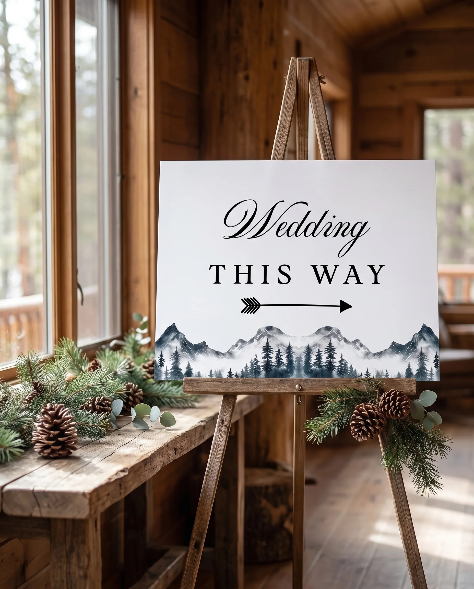 Pinecrest wedding directional sign — displayed beside furniture for scale on premium editorial paper under soft natural light, printable wedding signs.