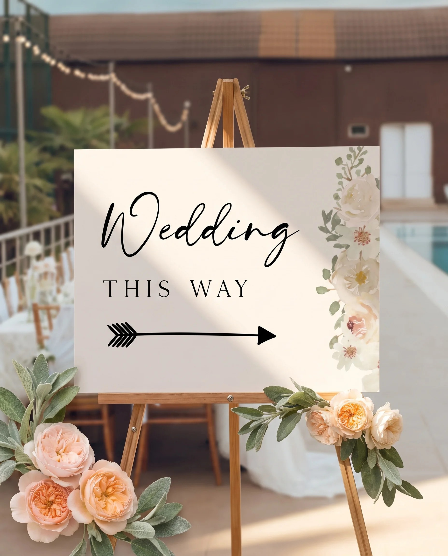 Seraphine wedding directional sign — displayed in a wedding venue setting under soft natural light, wedding signage.