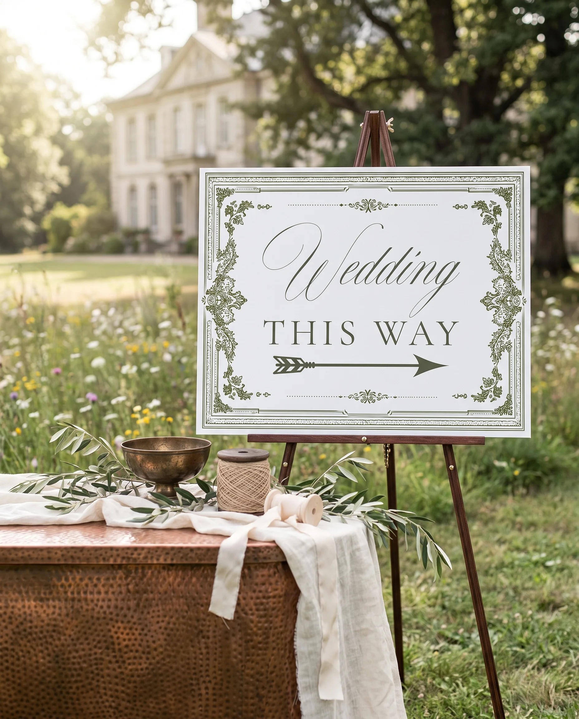 Verdant Filigree wedding directional sign — a single printed page shown beside furniture for scale in soft natural light, printable wedding signs.
