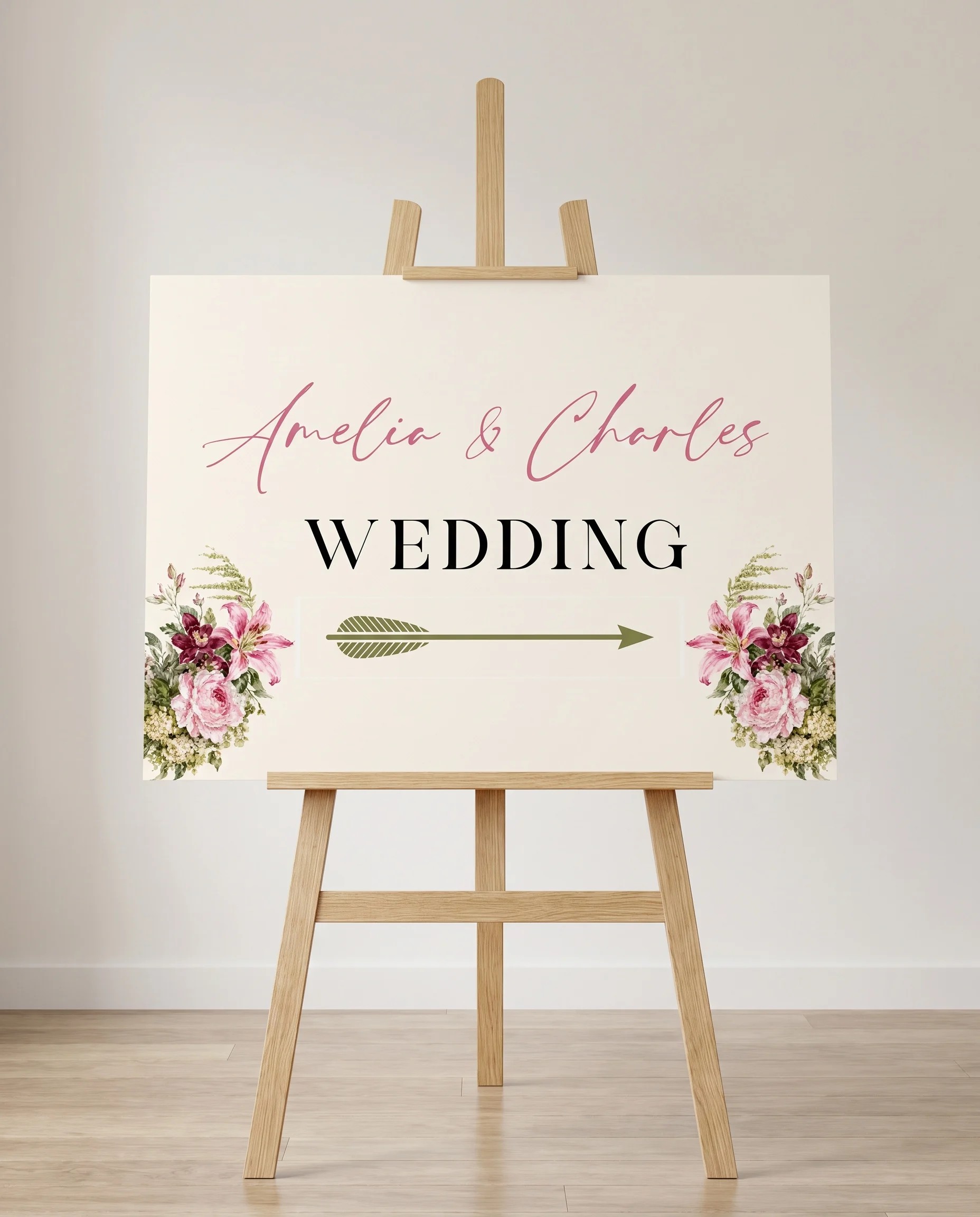 Rosevale wedding directional sign — displayed on an easel under soft natural light at a slight overhead angle, wedding signs.