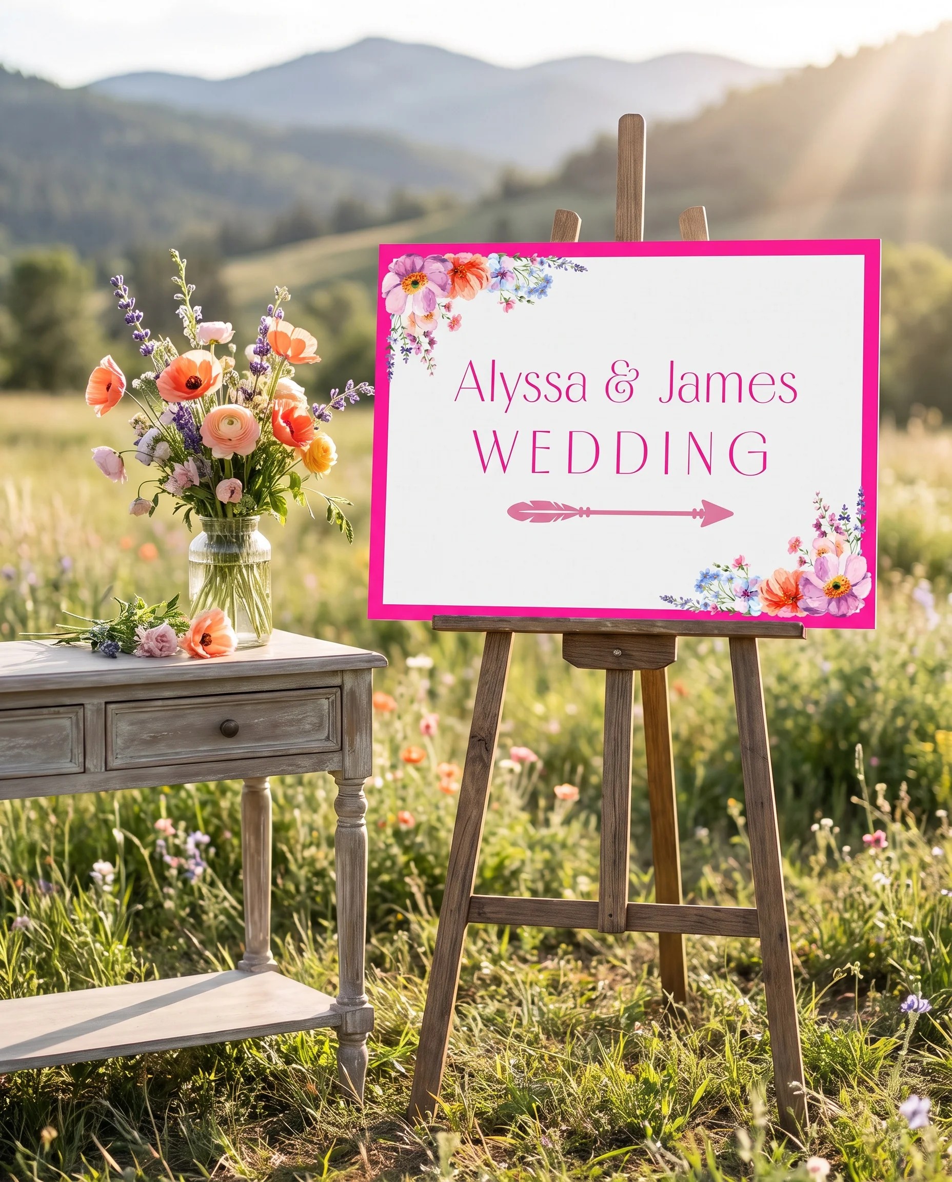 Wildmeadow Bouquet wedding directional sign — shown beside furniture for scale on premium editorial paper under soft natural light, printable wedding signs.