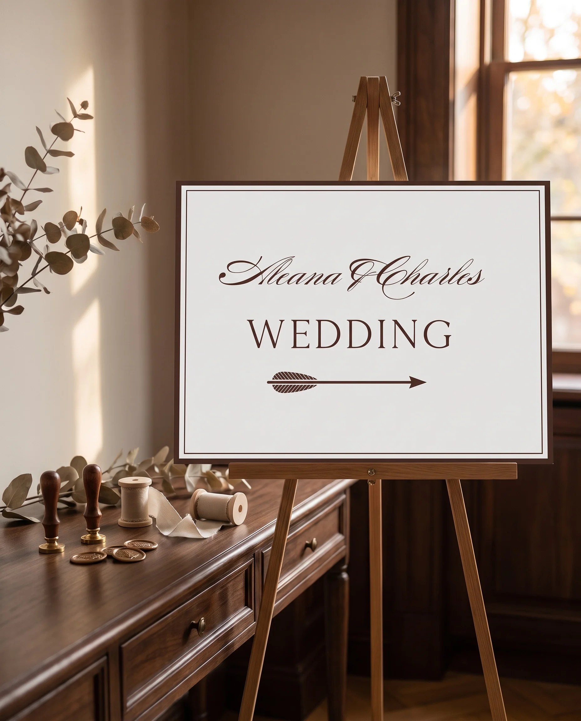 Velour wedding directional sign — single page shown beside furniture for scale under soft natural light, printable wedding signs.