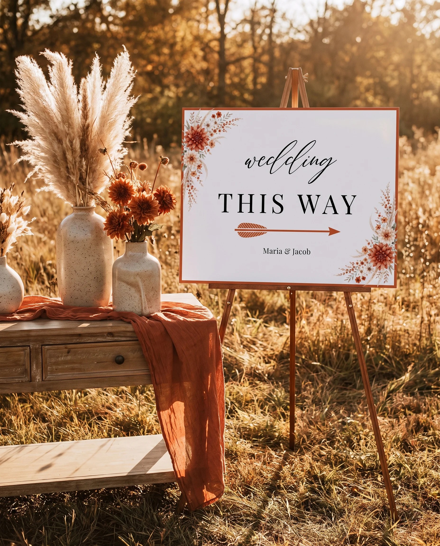 Dahlia Ember wedding directional sign — single page shown beside furniture for scale under soft natural light, printable wedding signs.