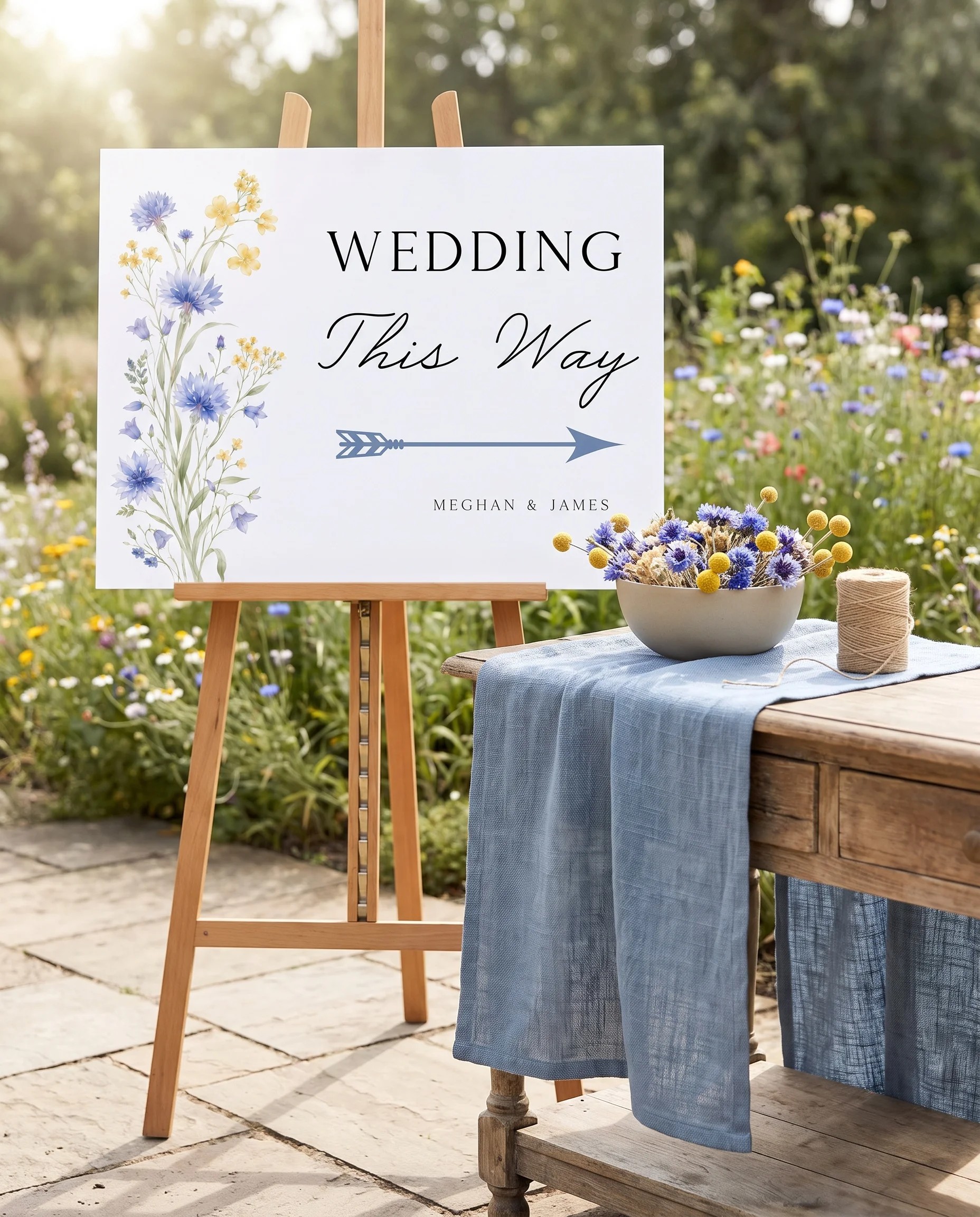 Cornflower wedding directional sign — single sign shown beside furniture for scale under soft natural light, printable wedding signs.