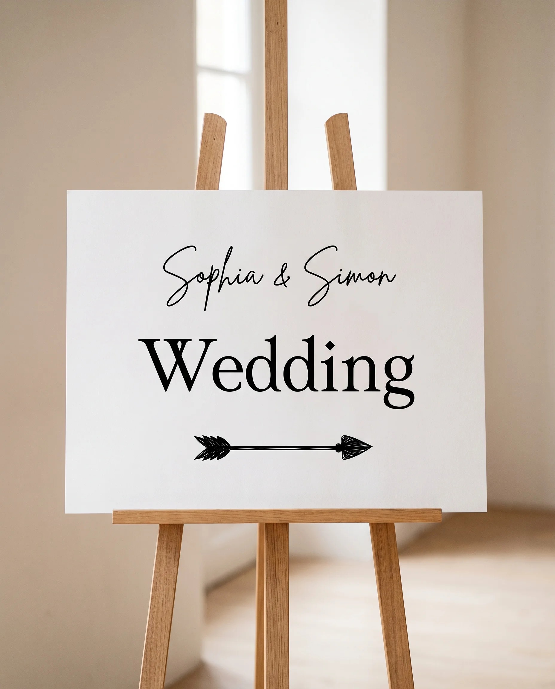 Arrowcrest wedding directional sign — displayed on an easel under soft natural light at a slight overhead angle, wedding signs