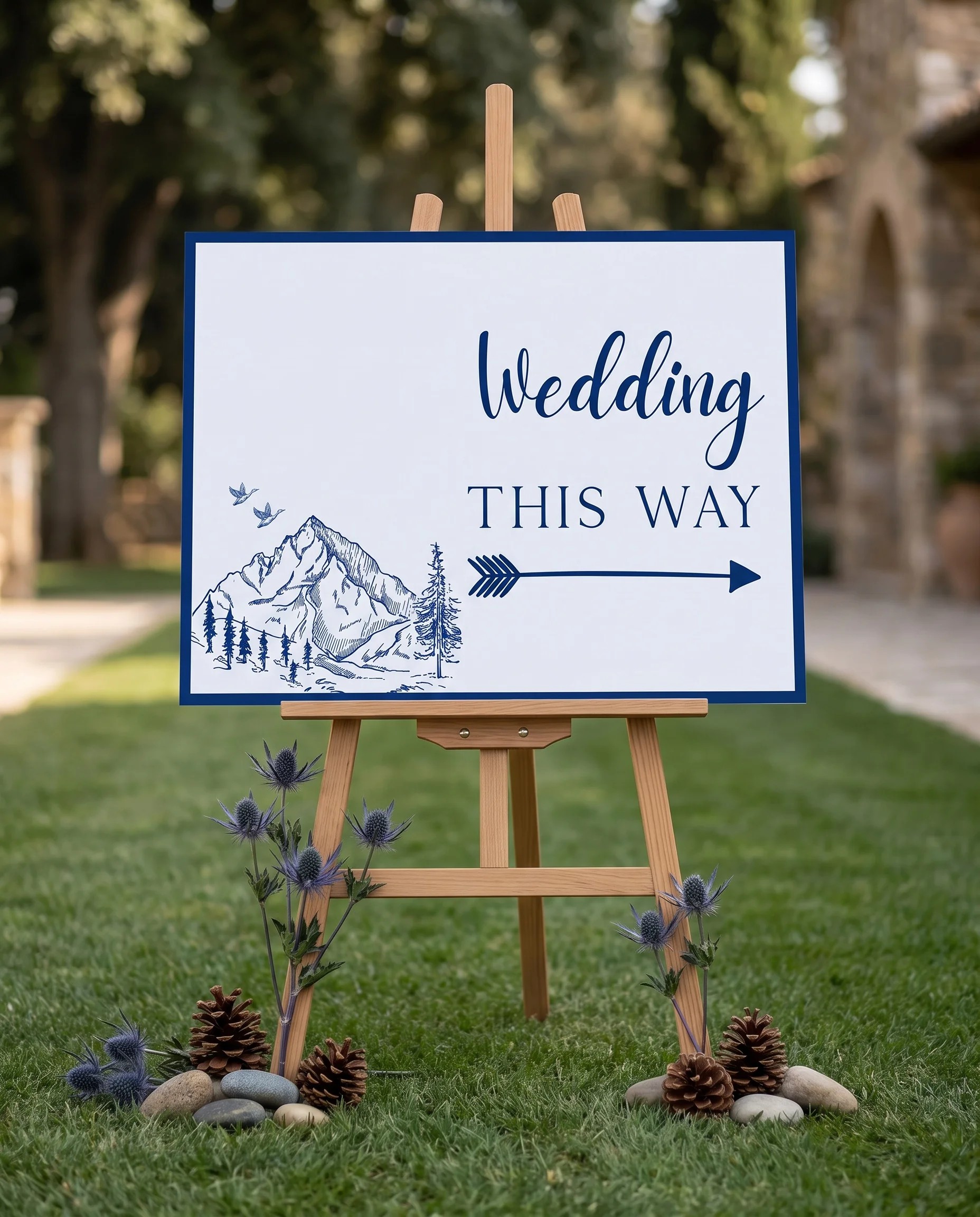 Blue Range wedding directional sign — displayed in a wedding venue setting under soft natural light, wedding signage