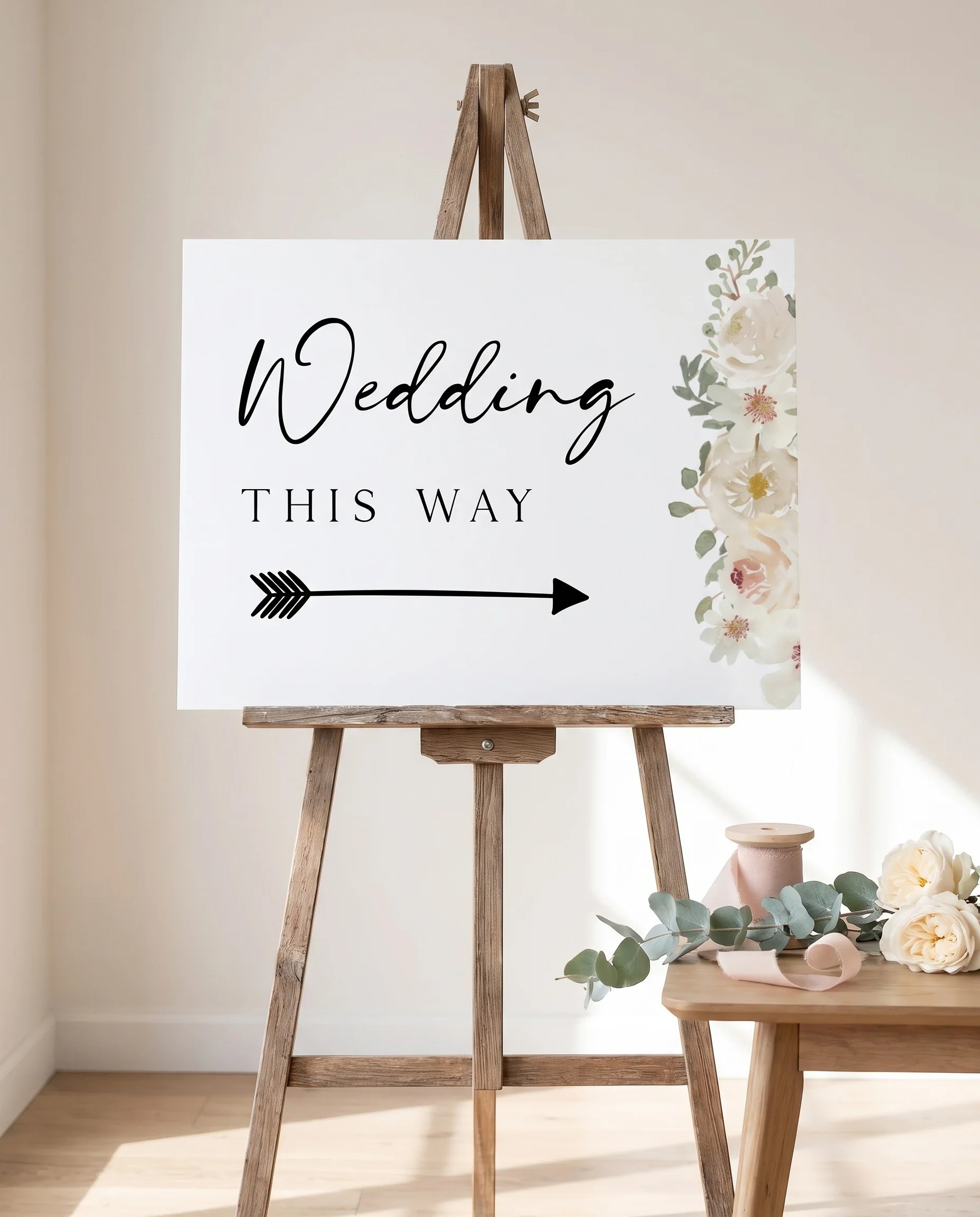 Seraphine wedding directional sign — displayed on an easel under soft natural light with a slight overhead angle, wedding signs