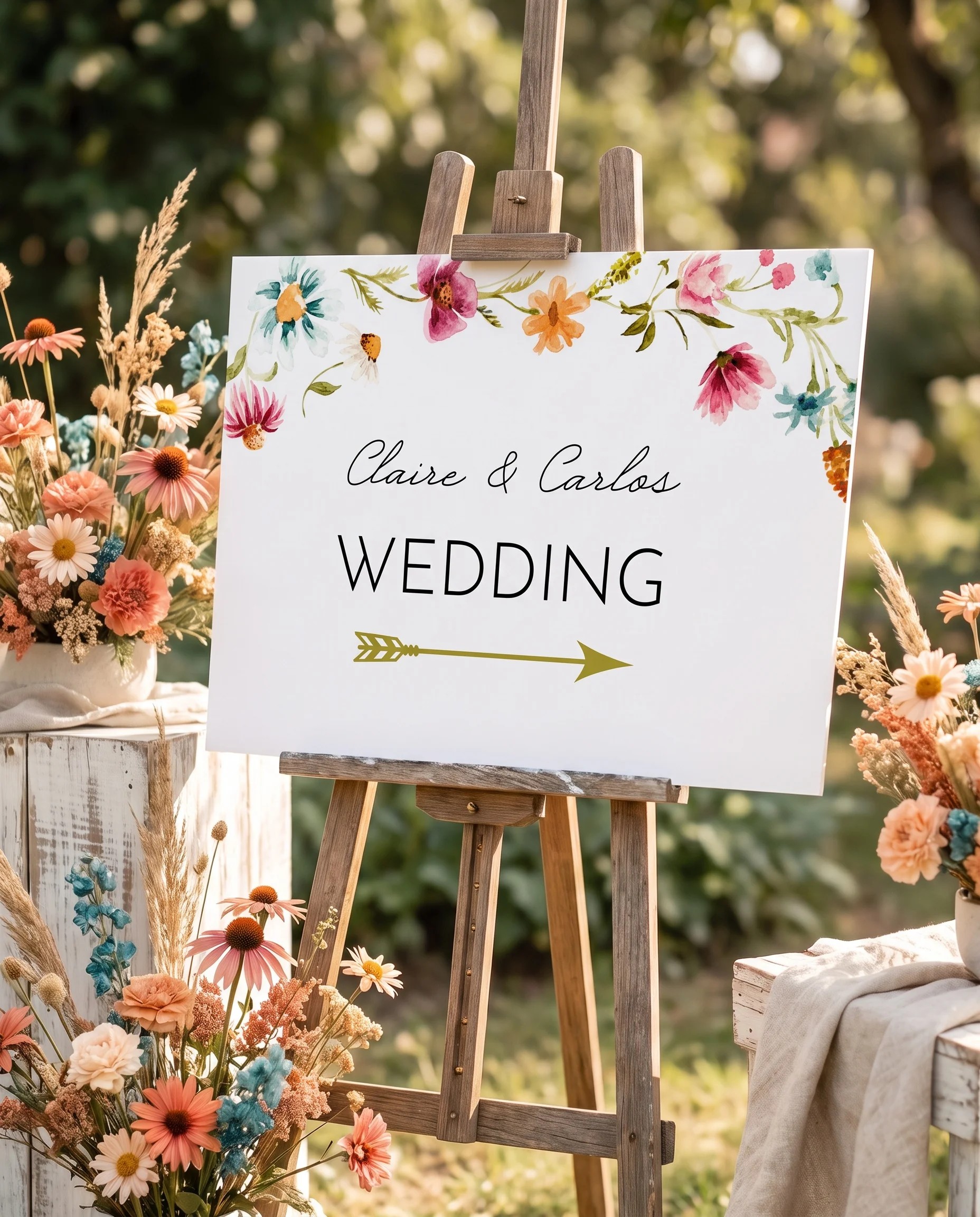 Meadow Ring wedding directional sign — displayed in a wedding venue setting under soft natural light, wedding signage