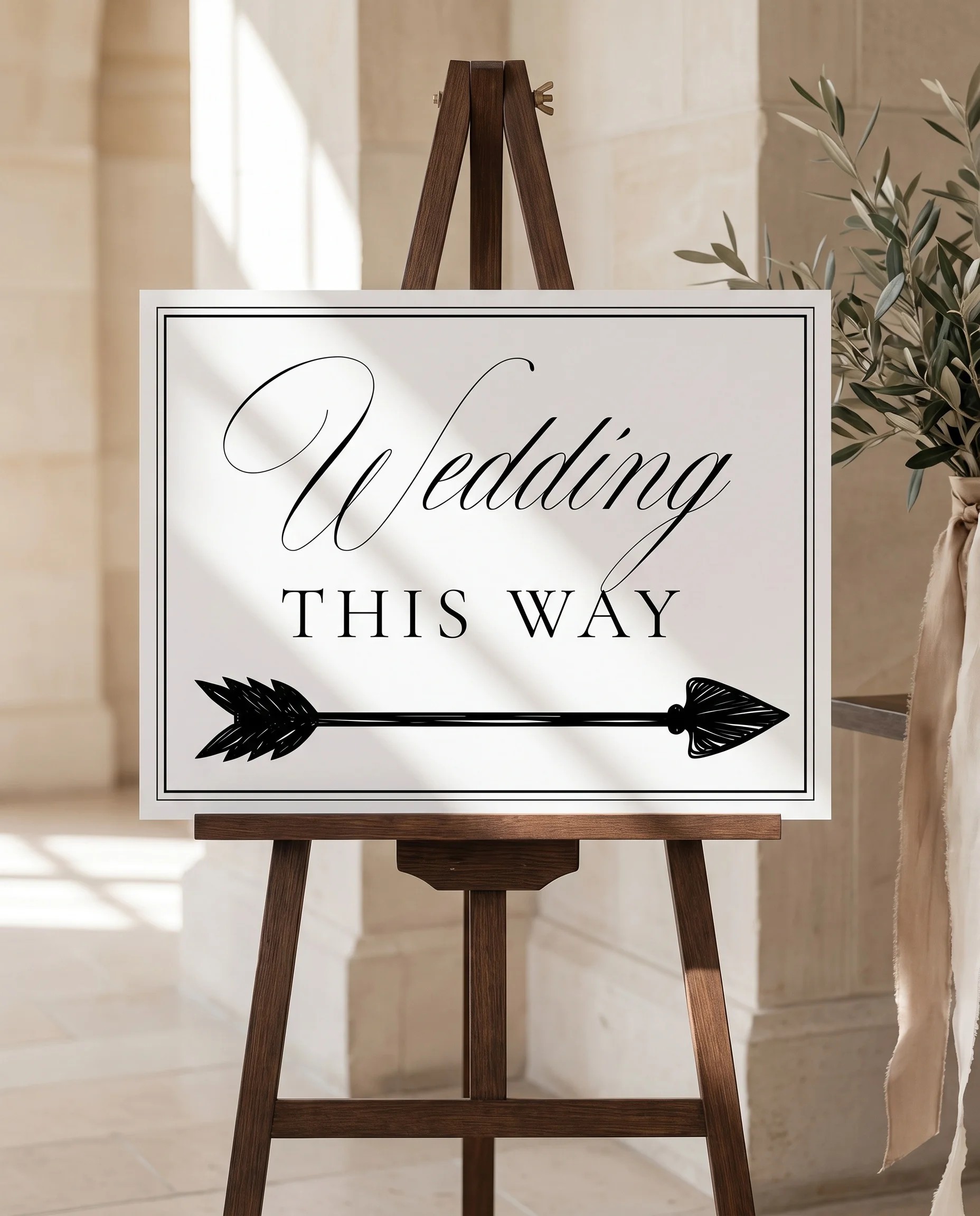 Heirloom wedding directional sign — displayed on an easel under soft natural light with a slight overhead angle, wedding signs