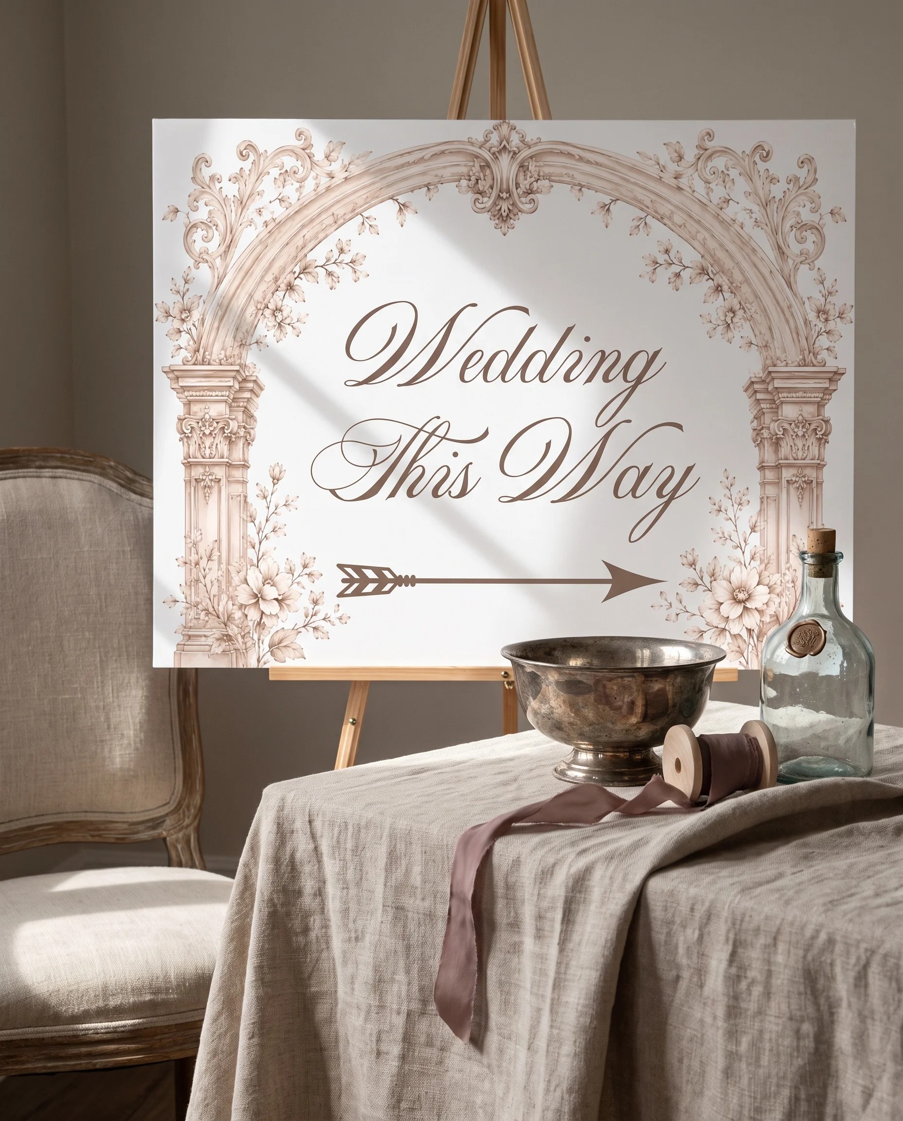 Hinge Script wedding directional sign — shown beside furniture for scale on premium editorial paper under soft natural light, printable wedding signs.