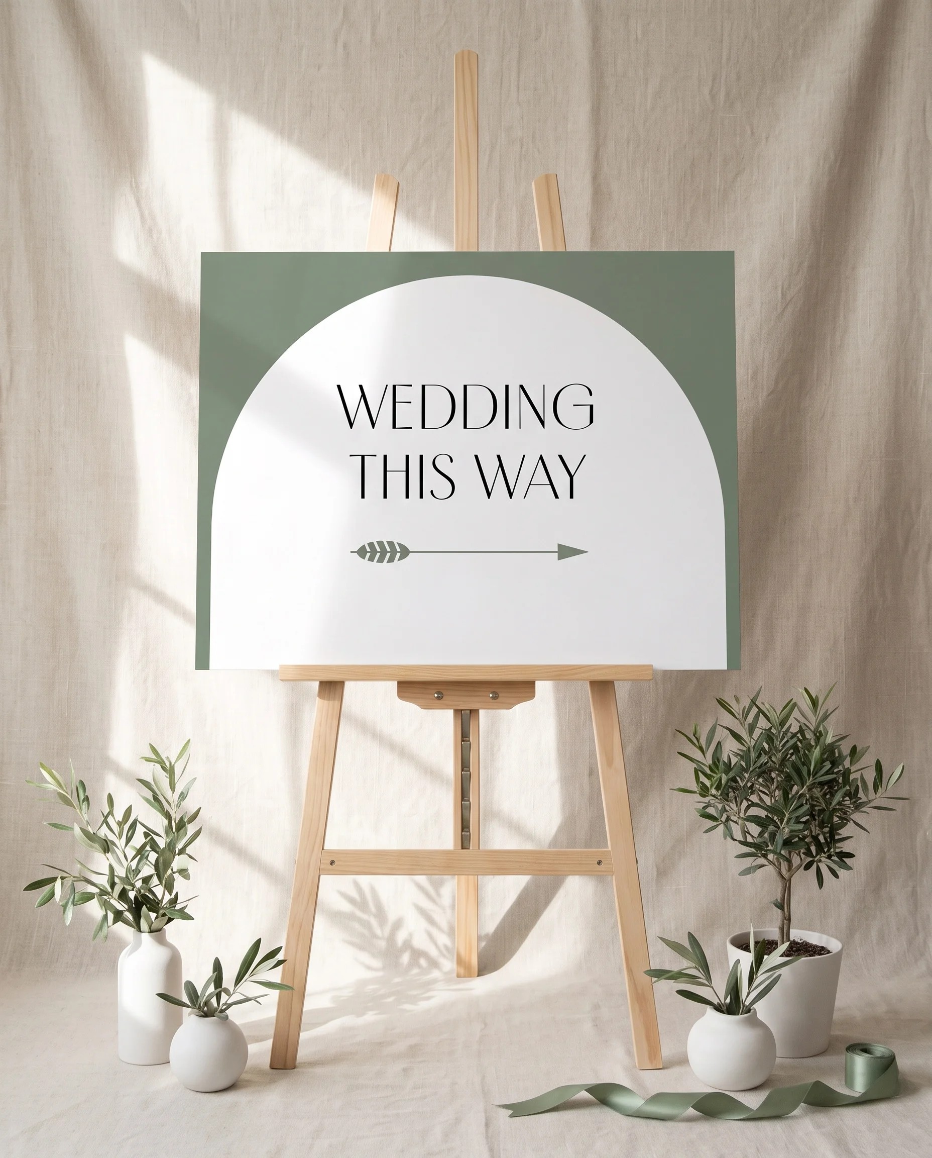 Arc Vale wedding directional sign — displayed on an easel under soft natural light at a slight overhead angle, wedding signs