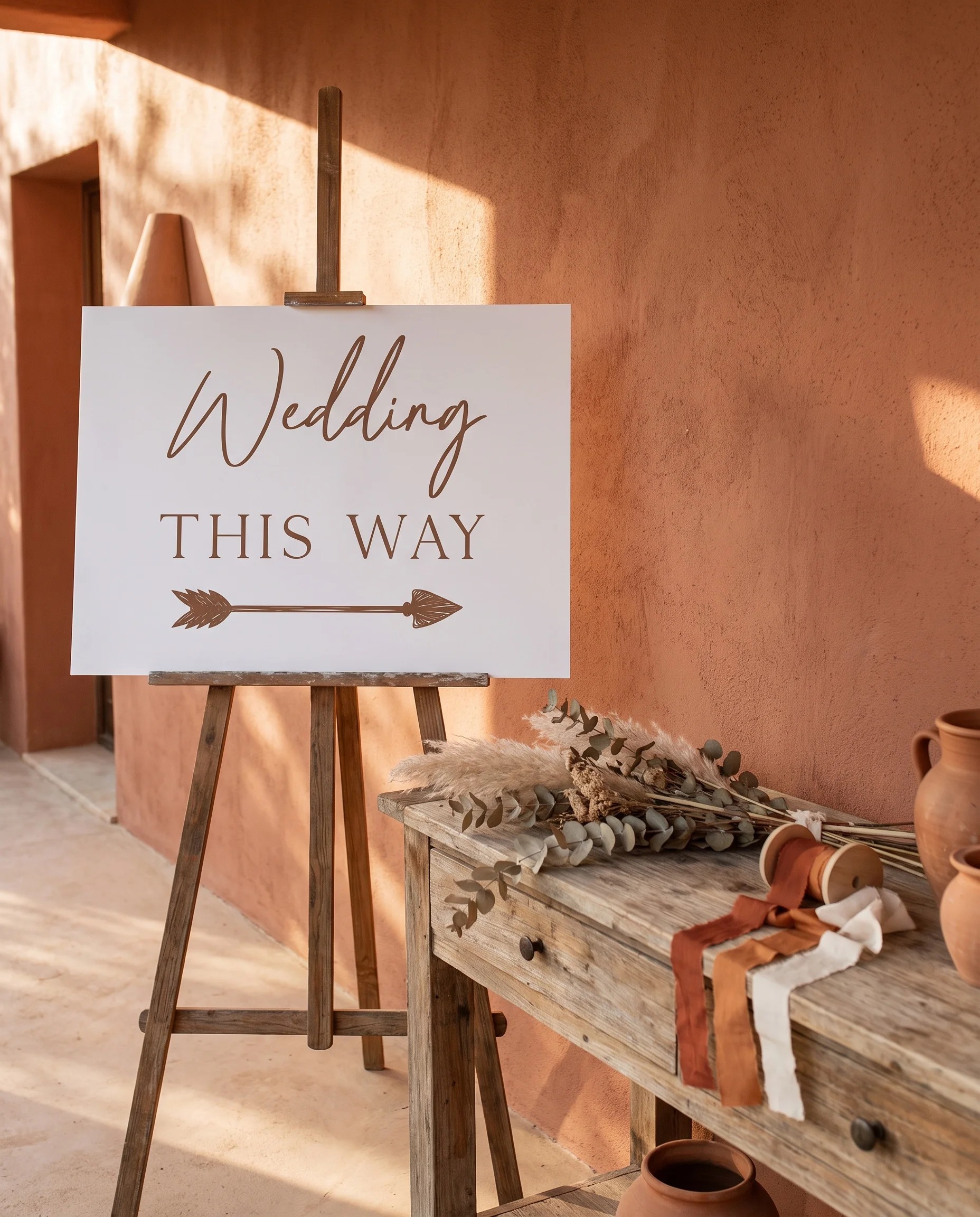Briar Script wedding directional sign — shown beside furniture for scale under soft natural light, printable wedding signs.