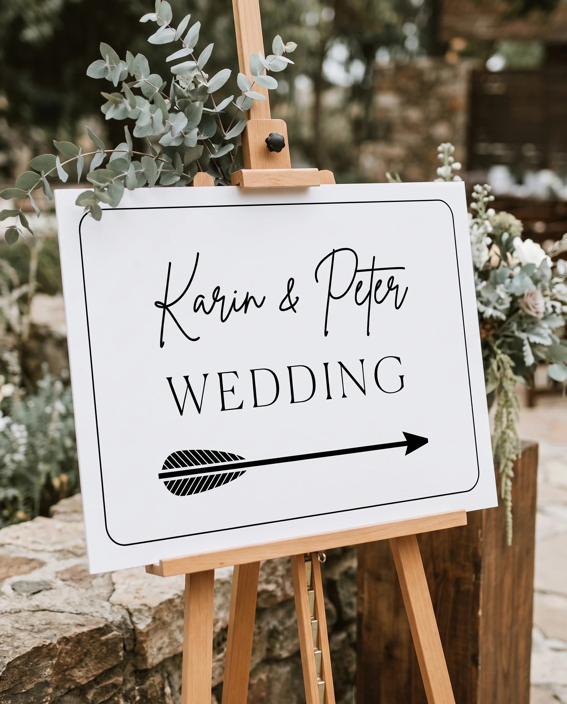 Contour wedding directional sign — displayed in a wedding venue setting under soft natural light with a slight overhead angle, wedding signage