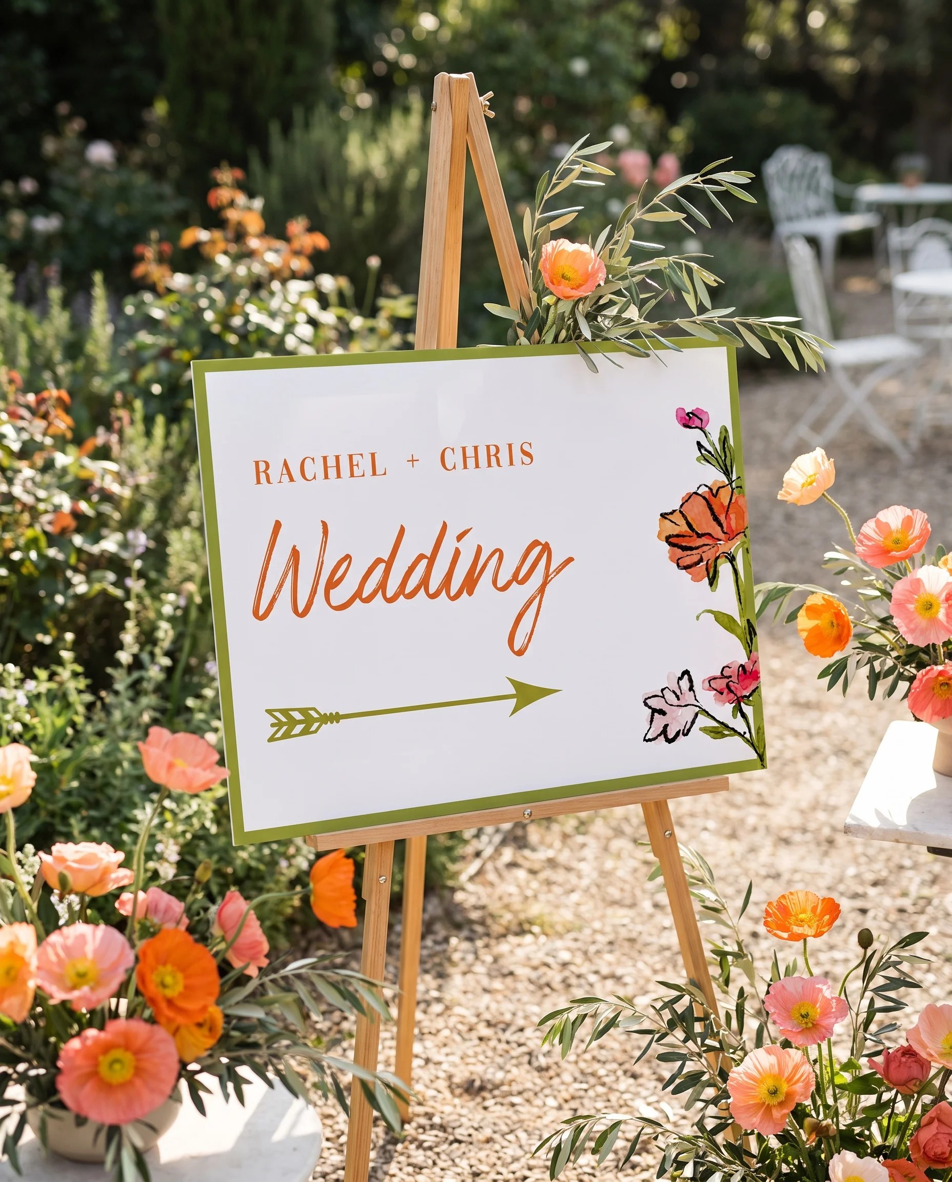 Poppy Court wedding directional sign — displayed in a wedding venue setting under soft natural light with a slight overhead angle, wedding signage