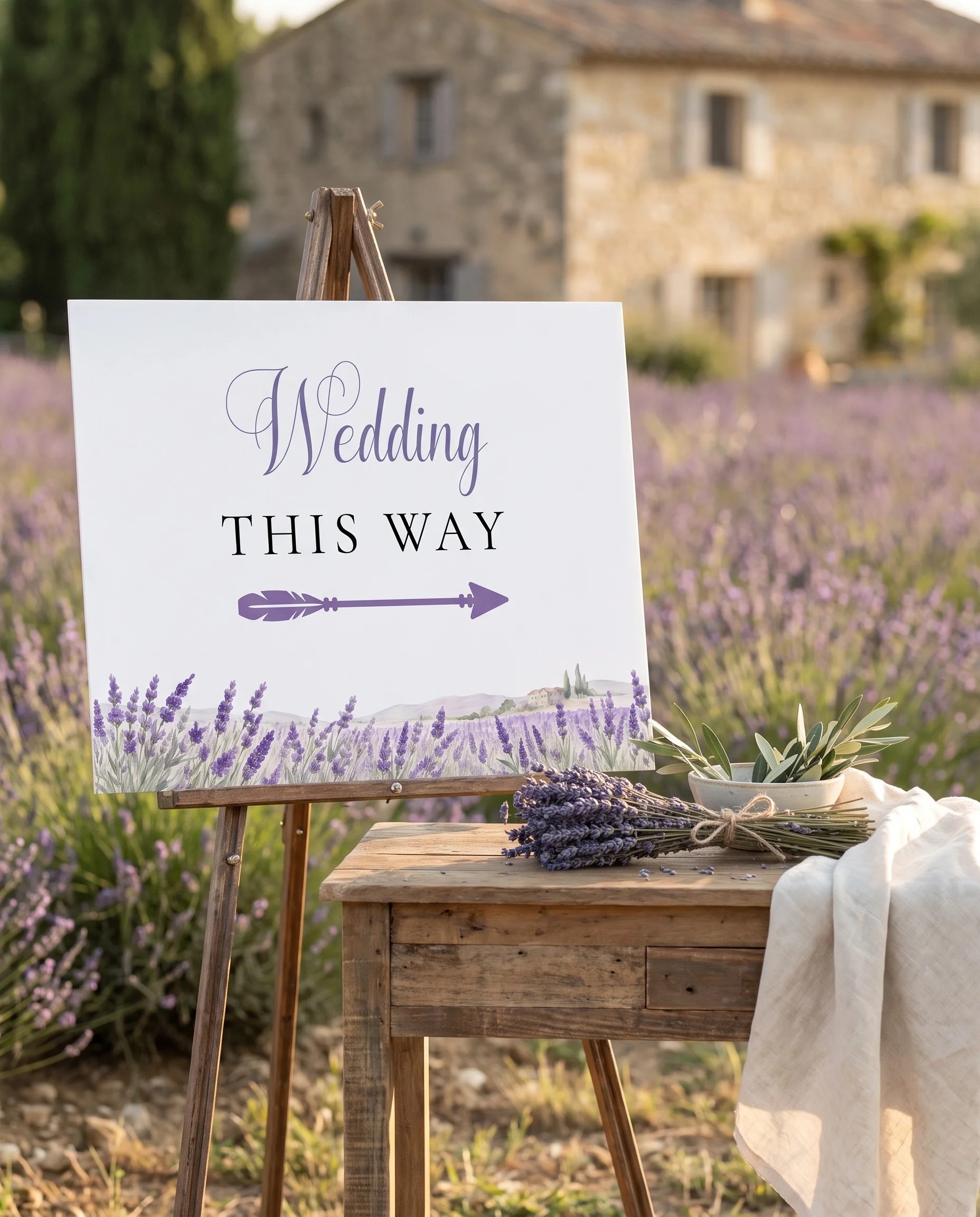Provence Fields wedding directional sign — shown on premium editorial paper beside furniture for scale under soft natural light, printable wedding signs.